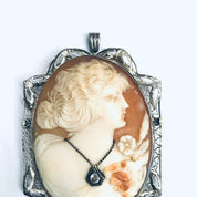 Vintage Gold Cameo, White Gold Cameo, Cameo Pendant, Cameo Brooch, 14K White Gold, Diamond Cameo