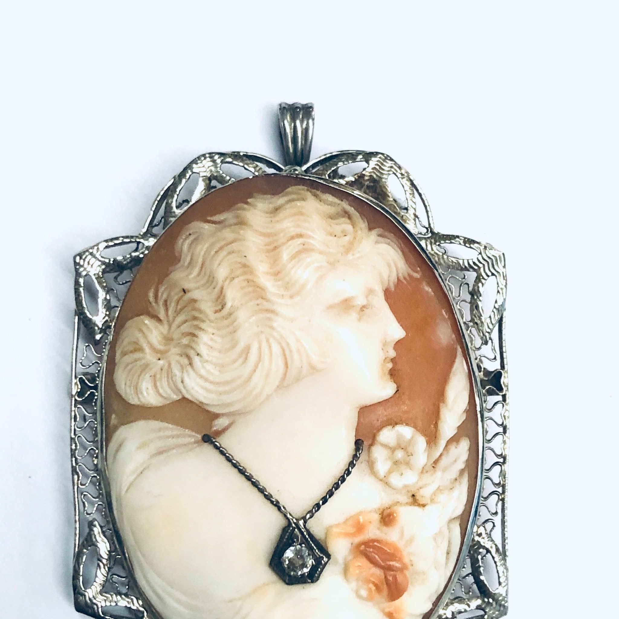 Vintage Gold Cameo, White Gold Cameo, Cameo Pendant, Cameo Brooch, 14K White Gold, Diamond Cameo