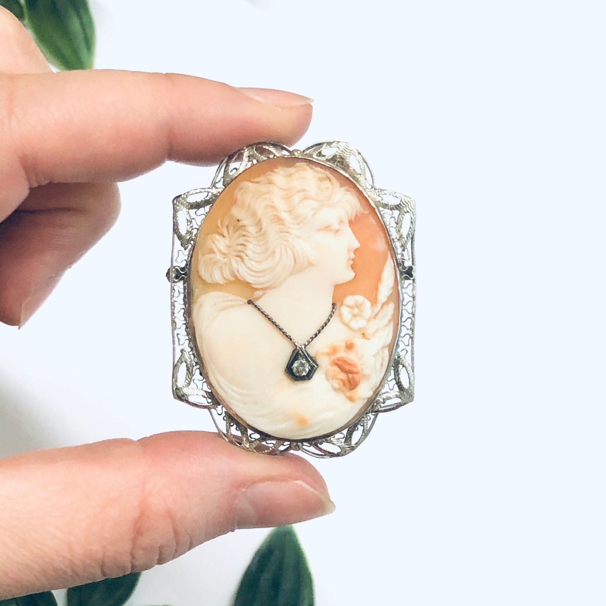 Vintage Gold Cameo, White Gold Cameo, Cameo Pendant, Cameo Brooch, 14K White Gold, Diamond Cameo