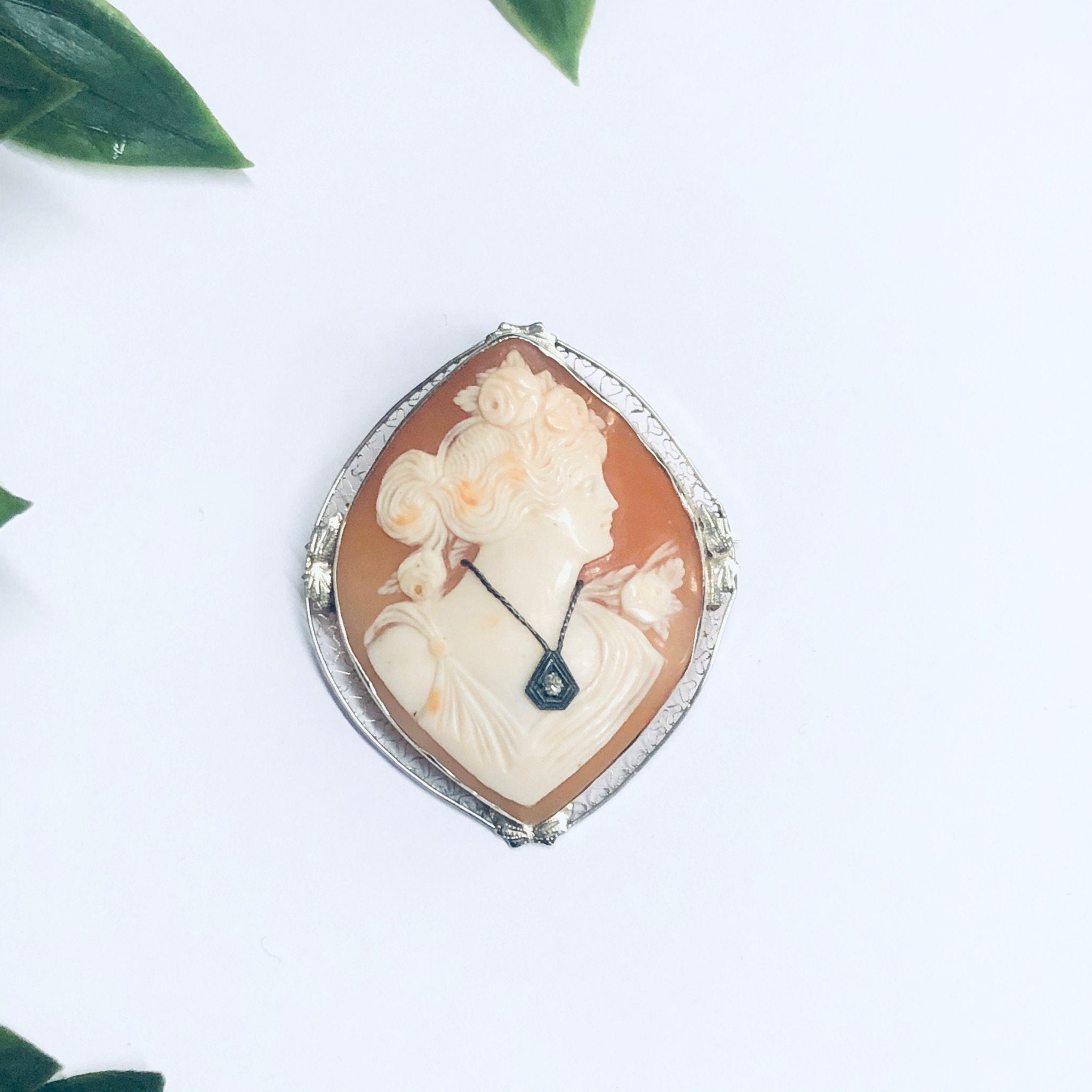 Vintage Gold Cameo, White Gold Cameo, Diamond Cameo, Cameo Brooch, Cameo Pendant, 14K Gold Cameo, White Gold Jewelry