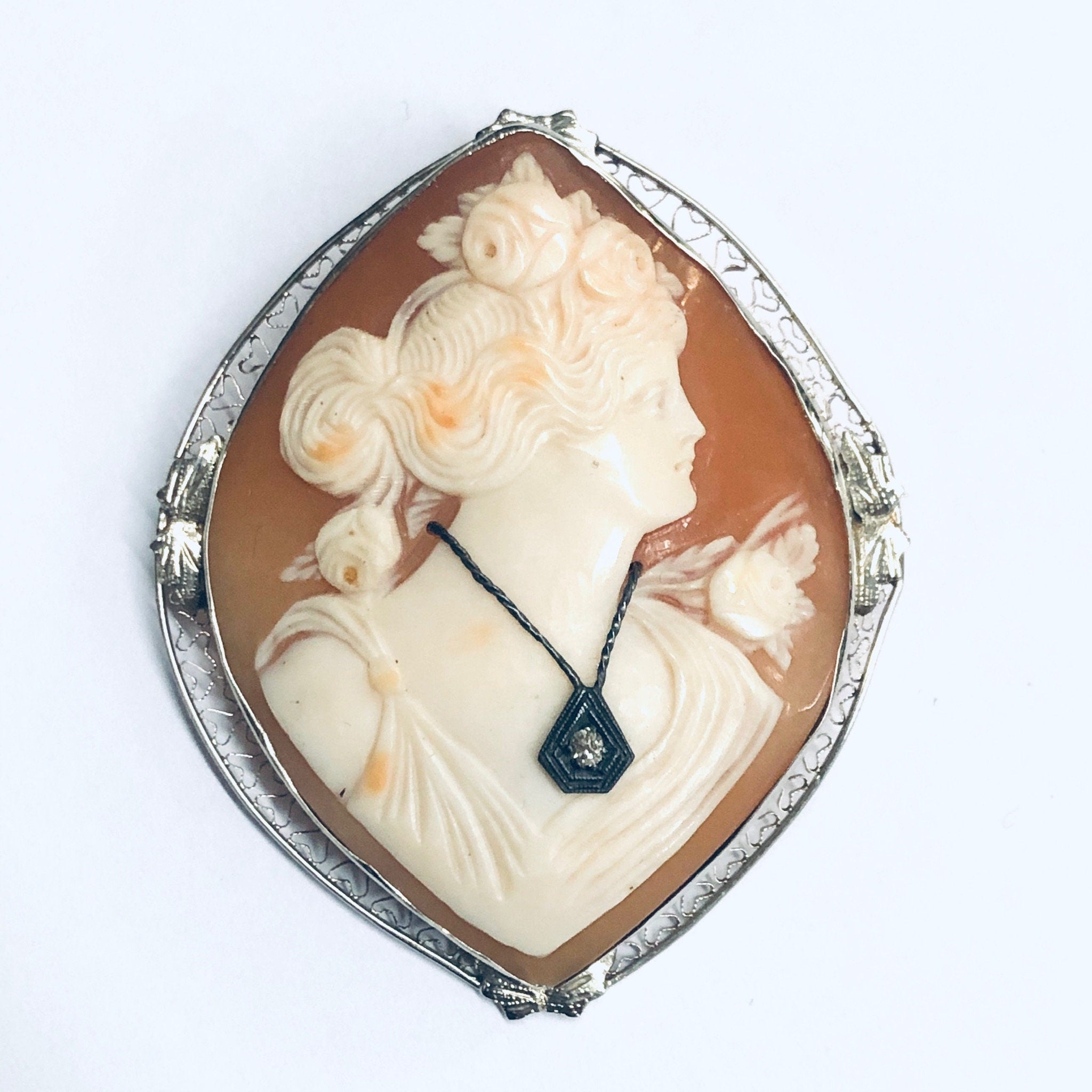 Vintage Gold Cameo, White Gold Cameo, Diamond Cameo, Cameo Brooch, Cameo Pendant, 14K Gold Cameo, White Gold Jewelry