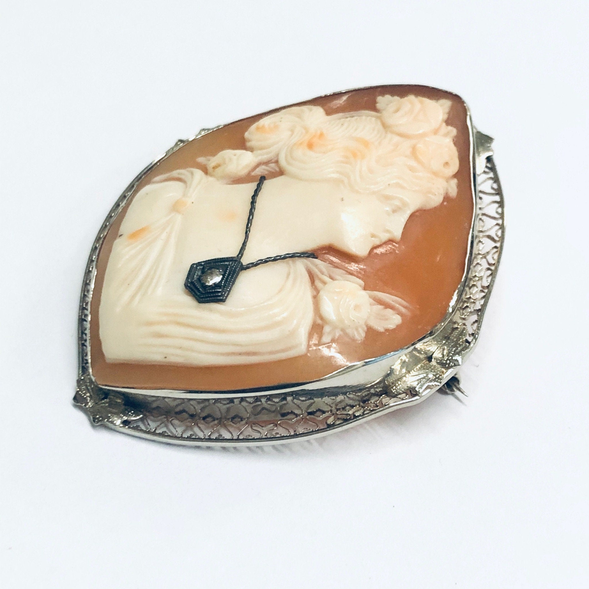 Vintage Gold Cameo, White Gold Cameo, Diamond Cameo, Cameo Brooch, Cameo Pendant, 14K Gold Cameo, White Gold Jewelry