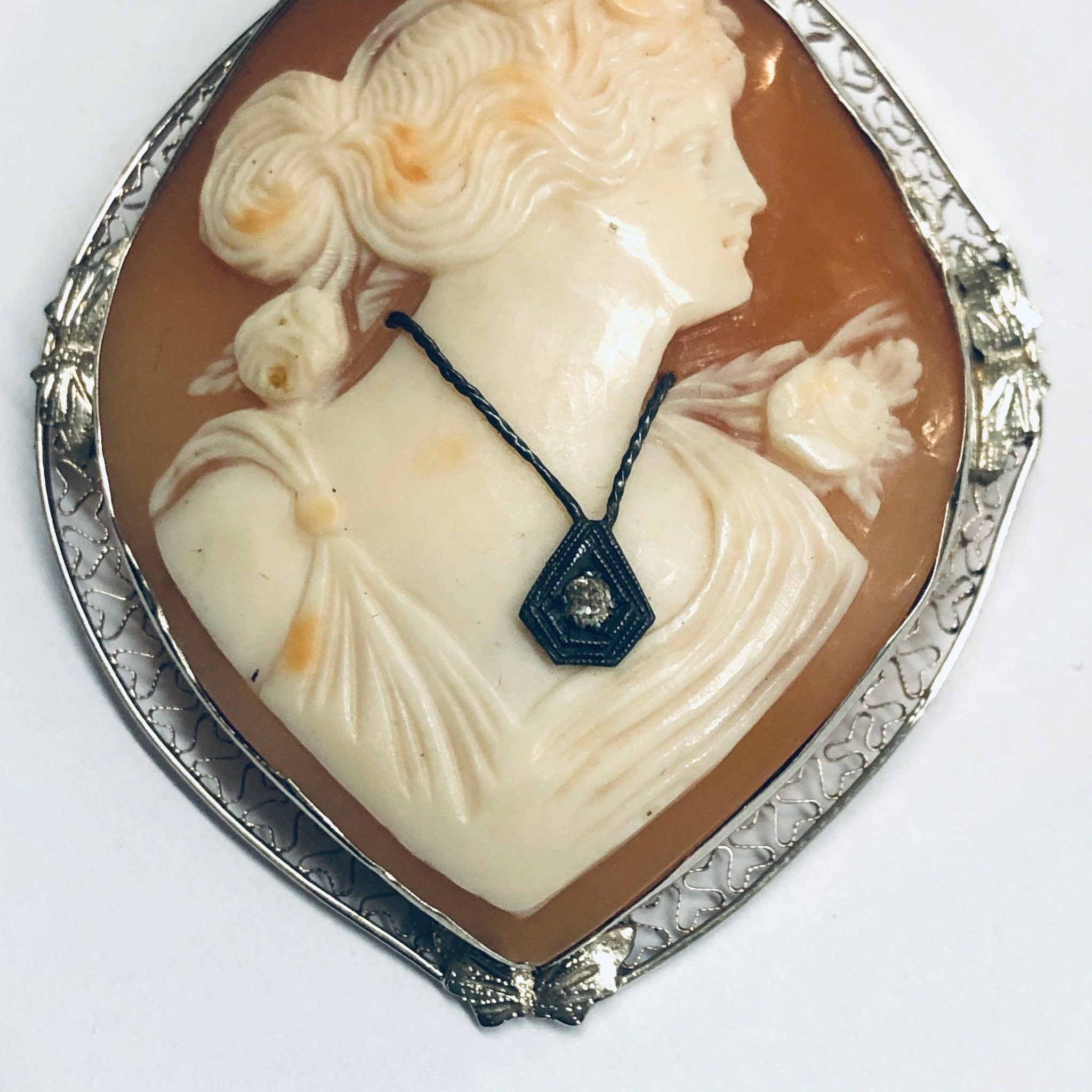Vintage Gold Cameo, White Gold Cameo, Diamond Cameo, Cameo Brooch, Cameo Pendant, 14K Gold Cameo, White Gold Jewelry