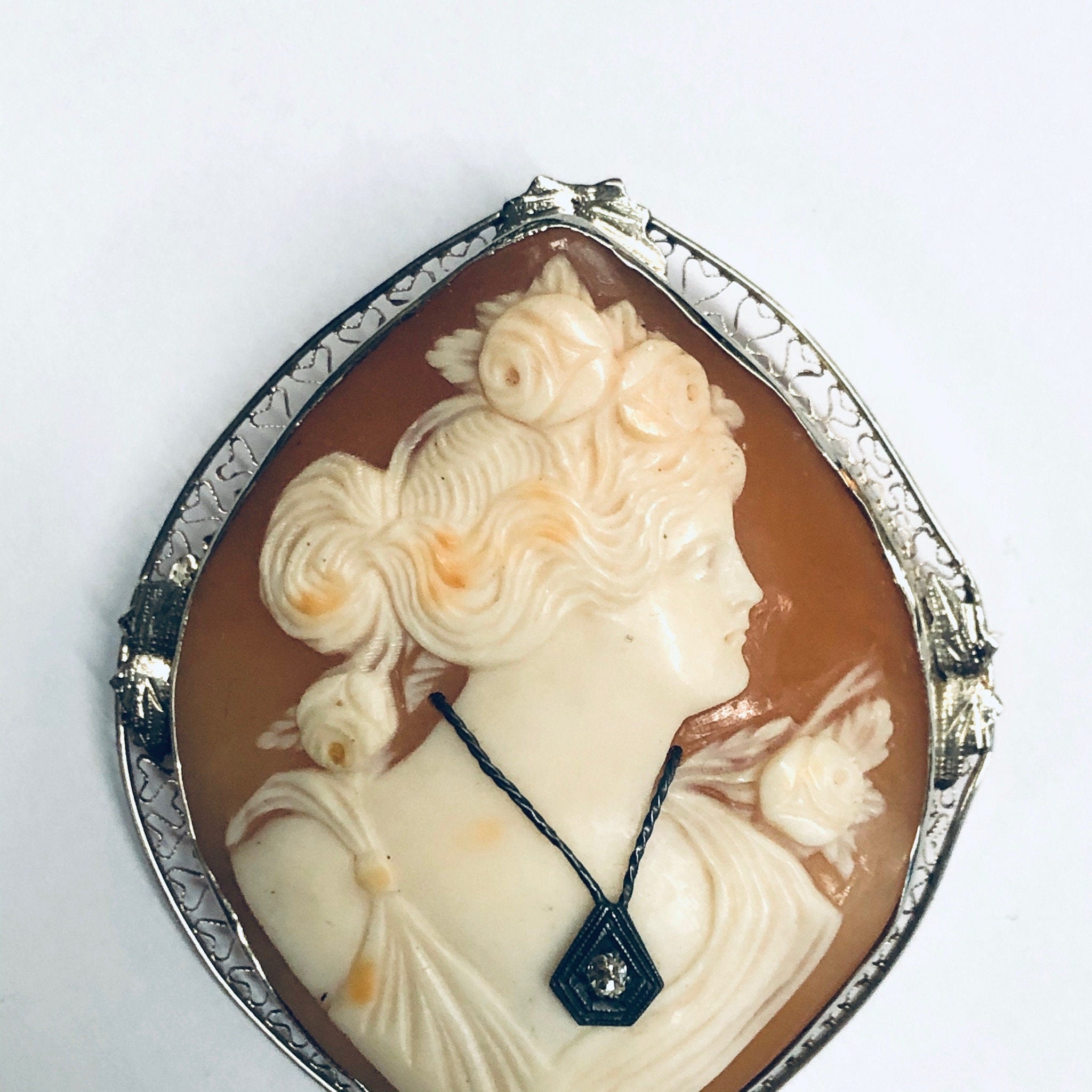 Vintage Gold Cameo, White Gold Cameo, Diamond Cameo, Cameo Brooch, Cameo Pendant, 14K Gold Cameo, White Gold Jewelry