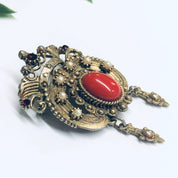 Vintage Crown Brooch, Gold Toned Pin, Crown Pin with Red Stones, Vintage Costume Jewelry, Faux Pearl Pin