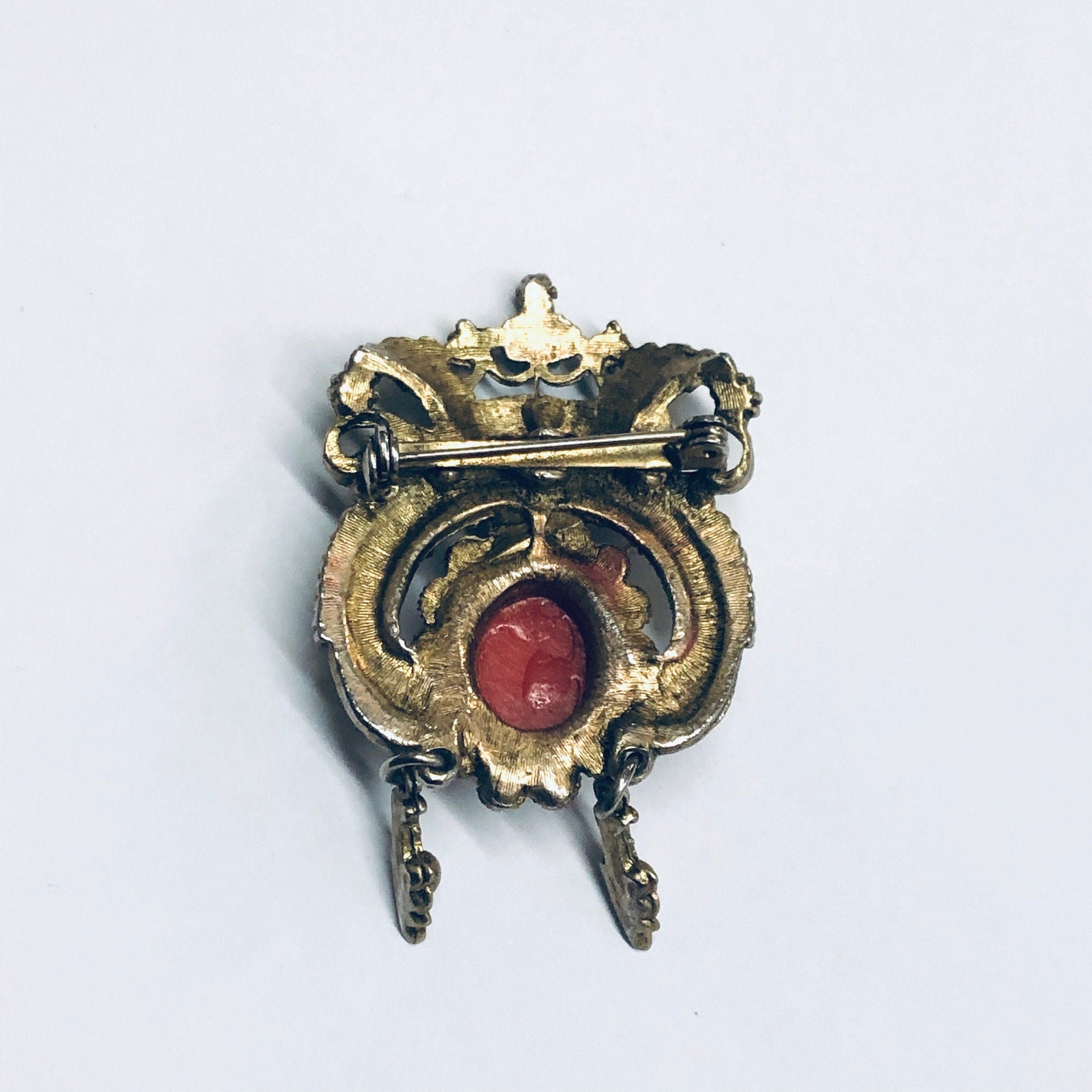 Vintage Crown Brooch, Gold Toned Pin, Crown Pin with Red Stones, Vintage Costume Jewelry, Faux Pearl Pin