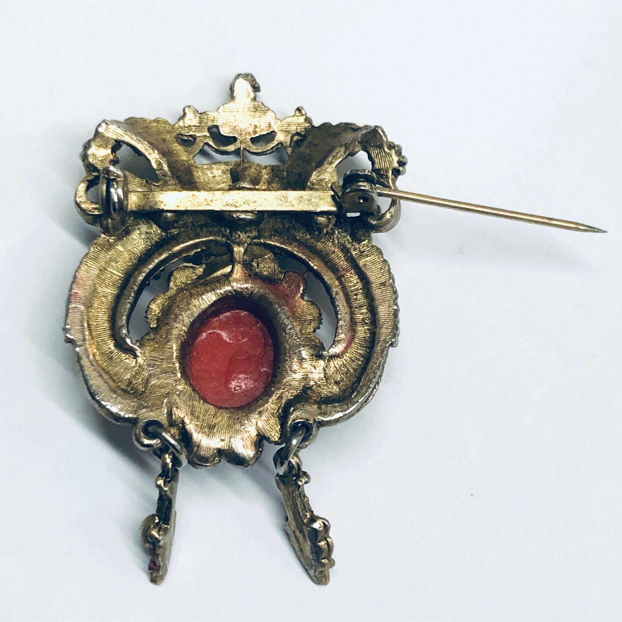 Vintage Crown Brooch, Gold Toned Pin, Crown Pin with Red Stones, Vintage Costume Jewelry, Faux Pearl Pin