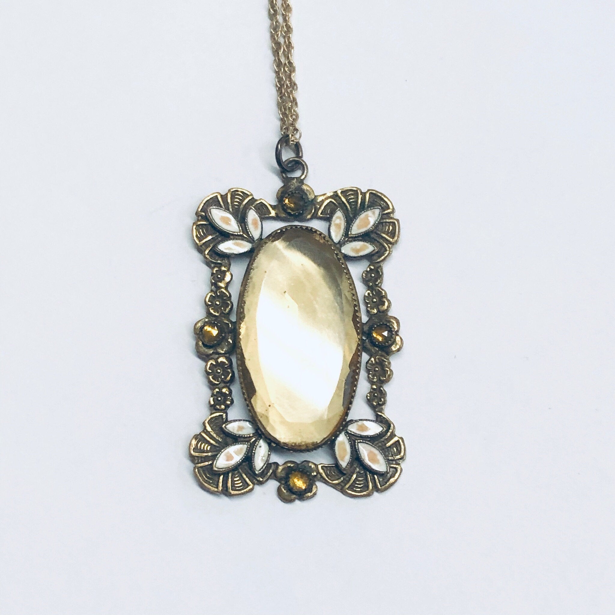 Vintage Gold Toned Necklace, Floral Pendant, Citrine Color Gemstone, Gold Chain Necklace, Enamel Pendant, Flower Jewelry, Valentines Day