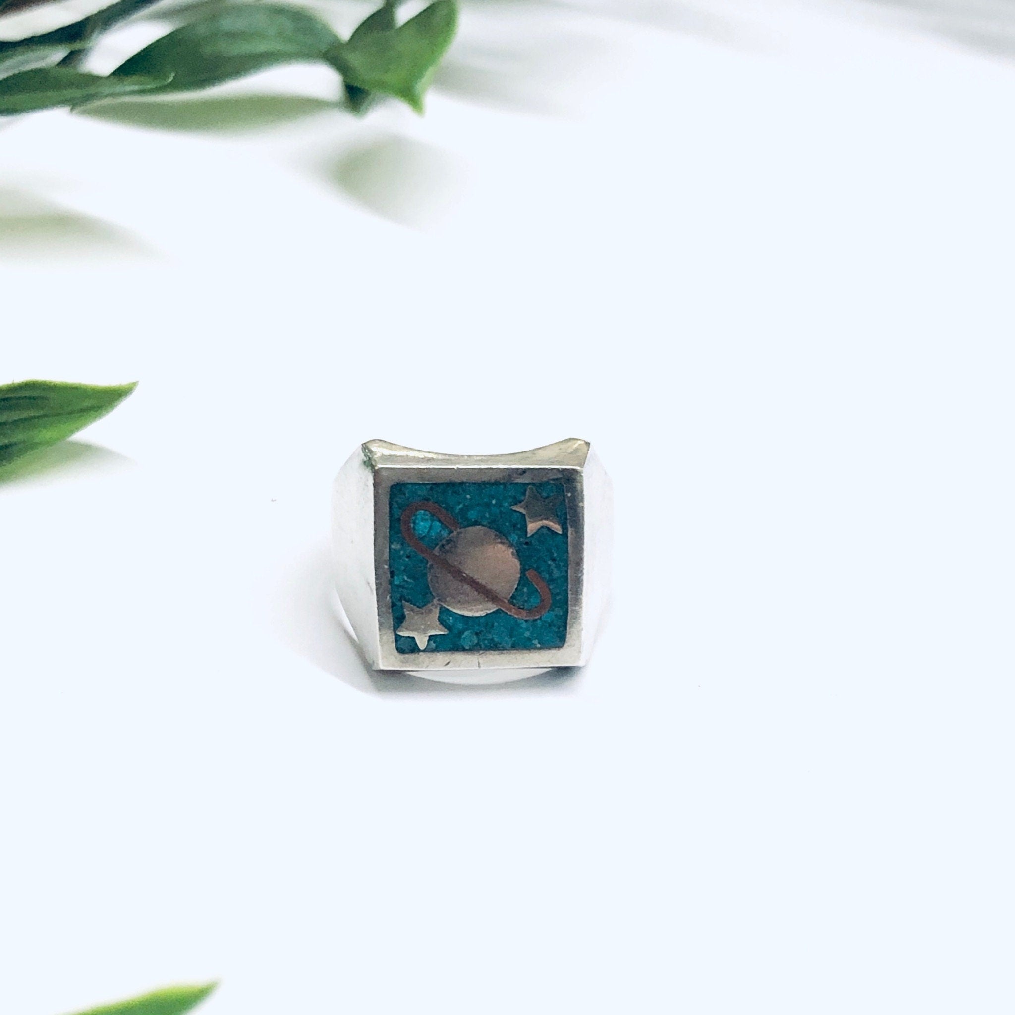 Vintage Silver Ring with Saturn, Turquoise Inlay Ring, Planet Jewelry, Space Jewelry, Blue and Silver Ring, Solar System Ring, Star Ring