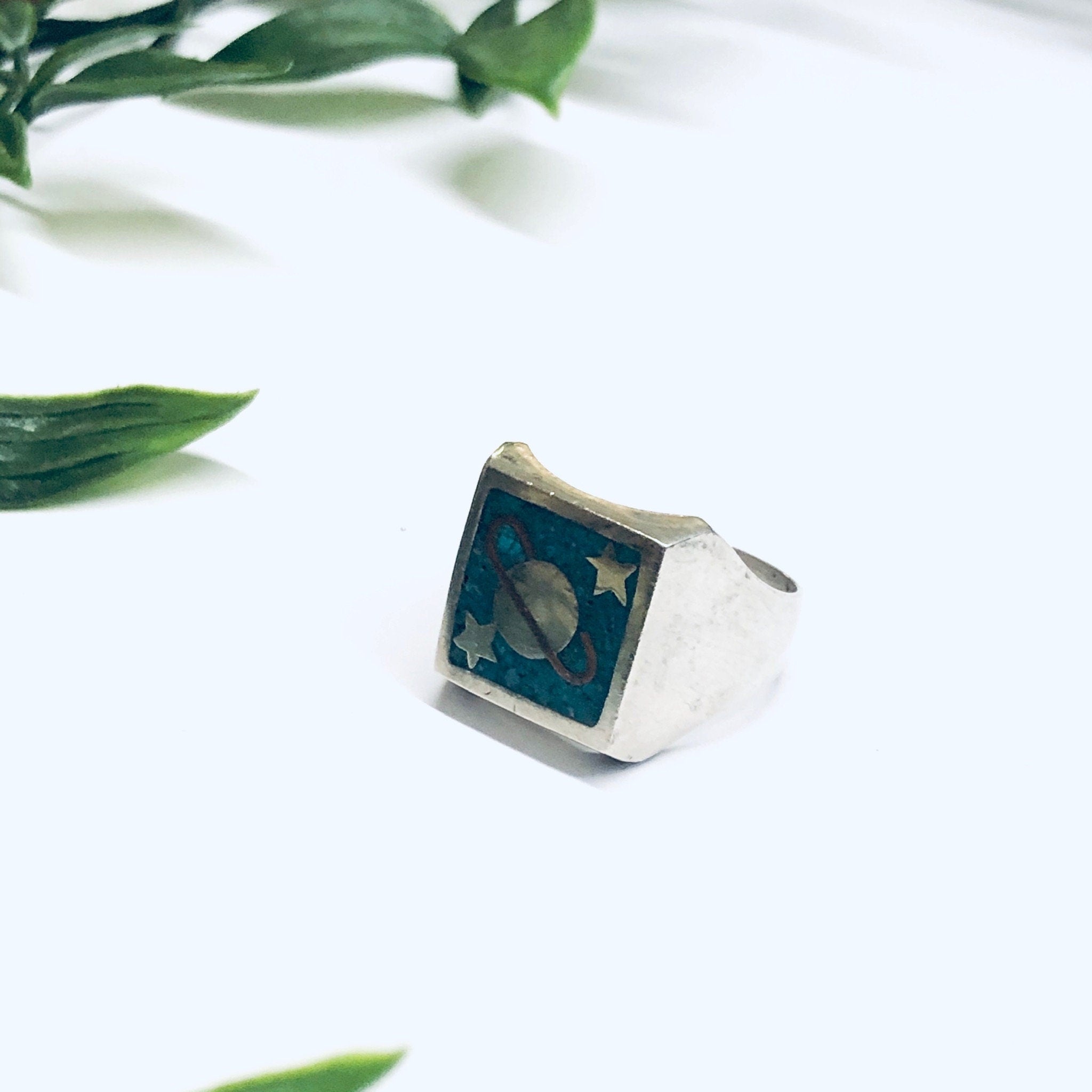 Vintage Silver Ring with Saturn, Turquoise Inlay Ring, Planet Jewelry, Space Jewelry, Blue and Silver Ring, Solar System Ring, Star Ring