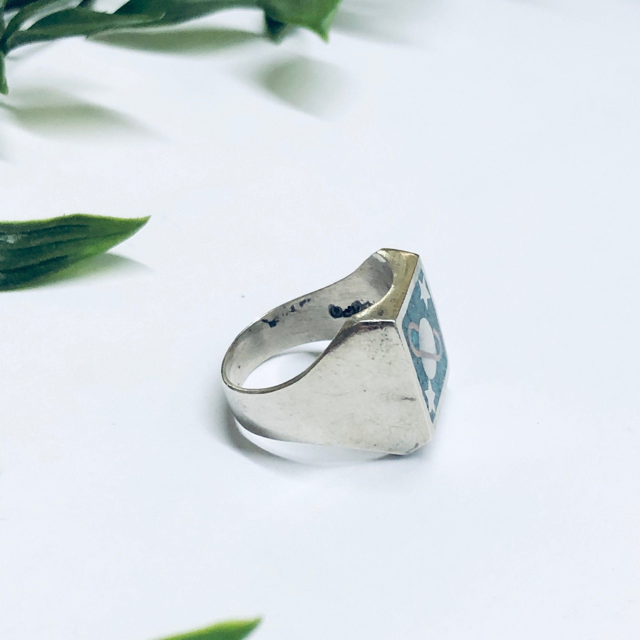 Vintage Silver Ring with Saturn, Turquoise Inlay Ring, Planet Jewelry, Space Jewelry, Blue and Silver Ring, Solar System Ring, Star Ring