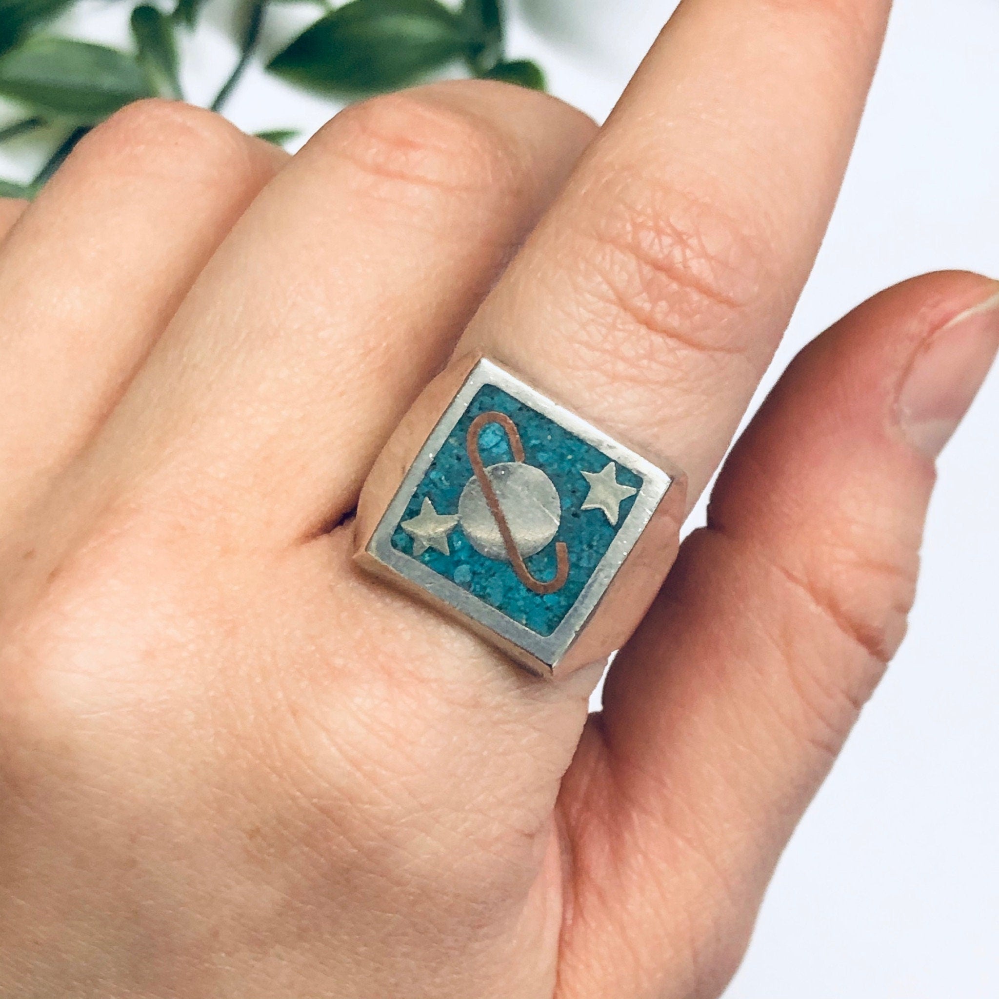 Vintage Silver Ring with Saturn, Turquoise Inlay Ring, Planet Jewelry, Space Jewelry, Blue and Silver Ring, Solar System Ring, Star Ring