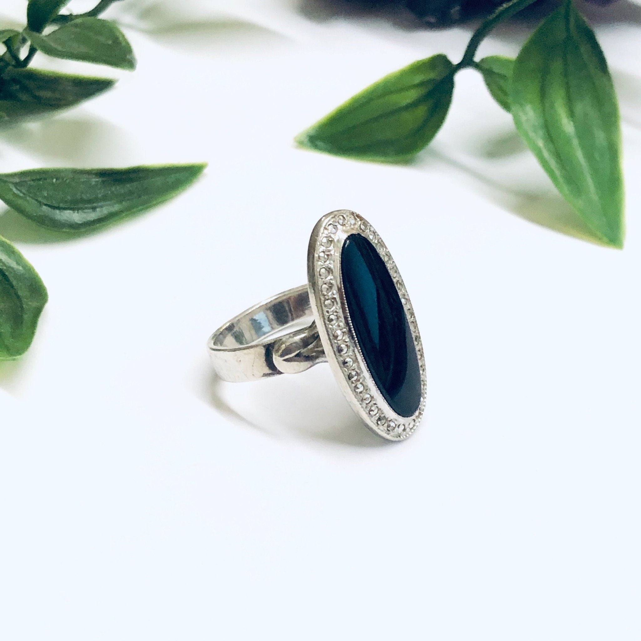 Black Onyx and Marcasite Ring, Silver and Onyx Ring, Long Ring, Black and Silver Ring, Marcasite Jewelry