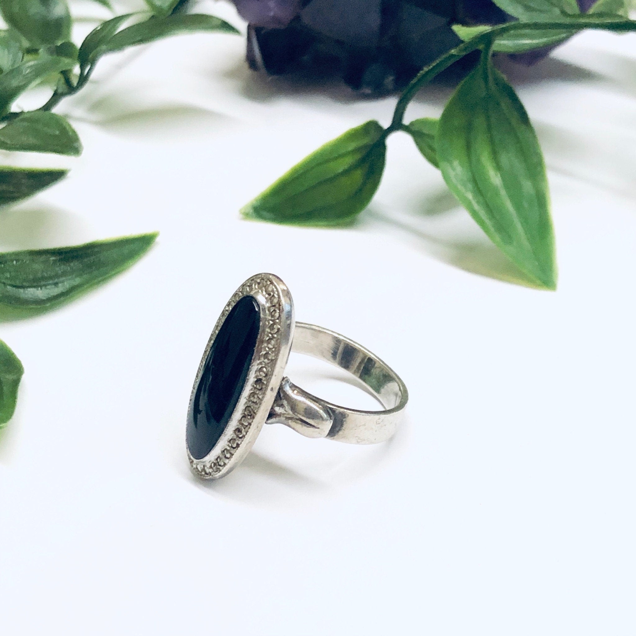Black Onyx and Marcasite Ring, Silver and Onyx Ring, Long Ring, Black and Silver Ring, Marcasite Jewelry