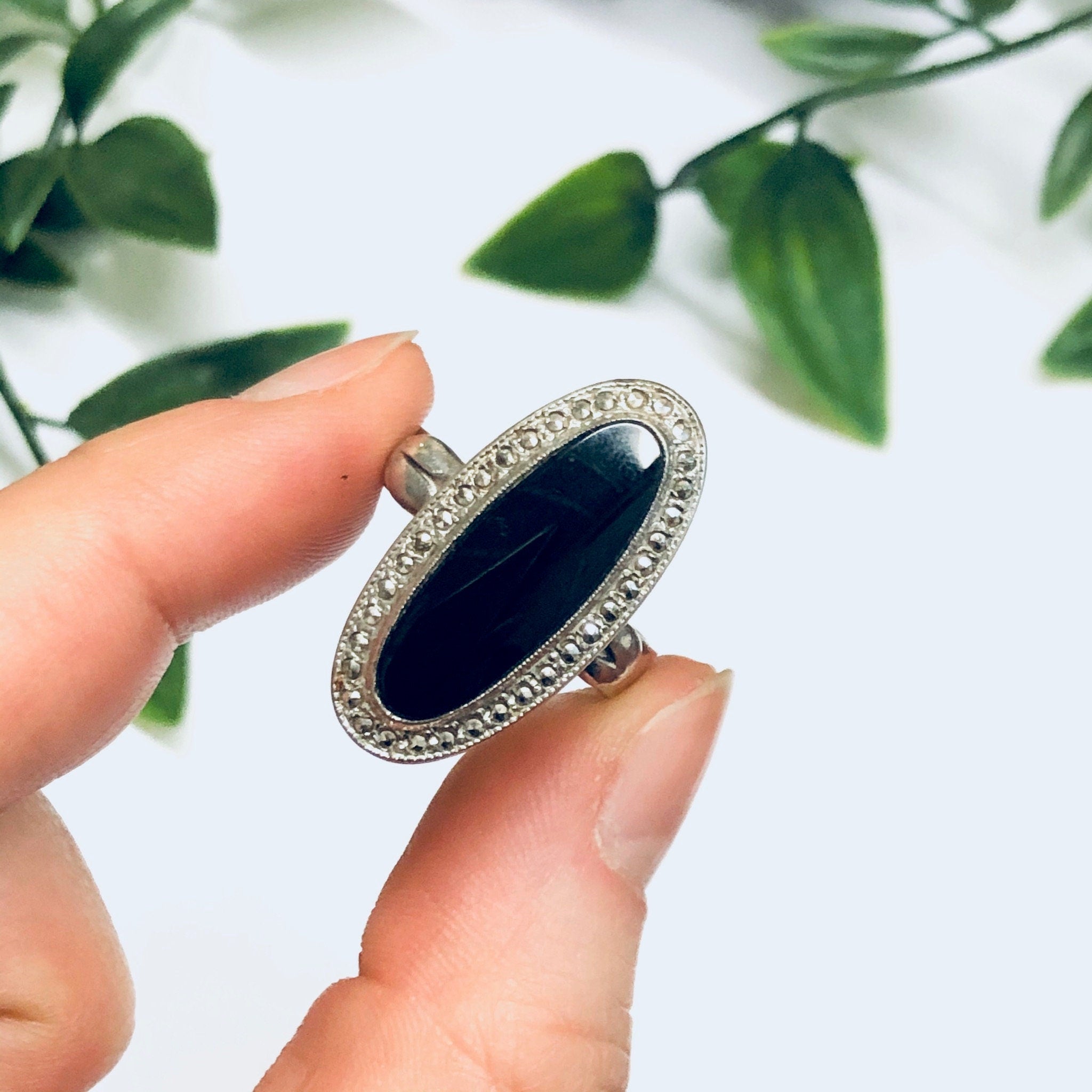 Black Onyx and Marcasite Ring, Silver and Onyx Ring, Long Ring, Black and Silver Ring, Marcasite Jewelry
