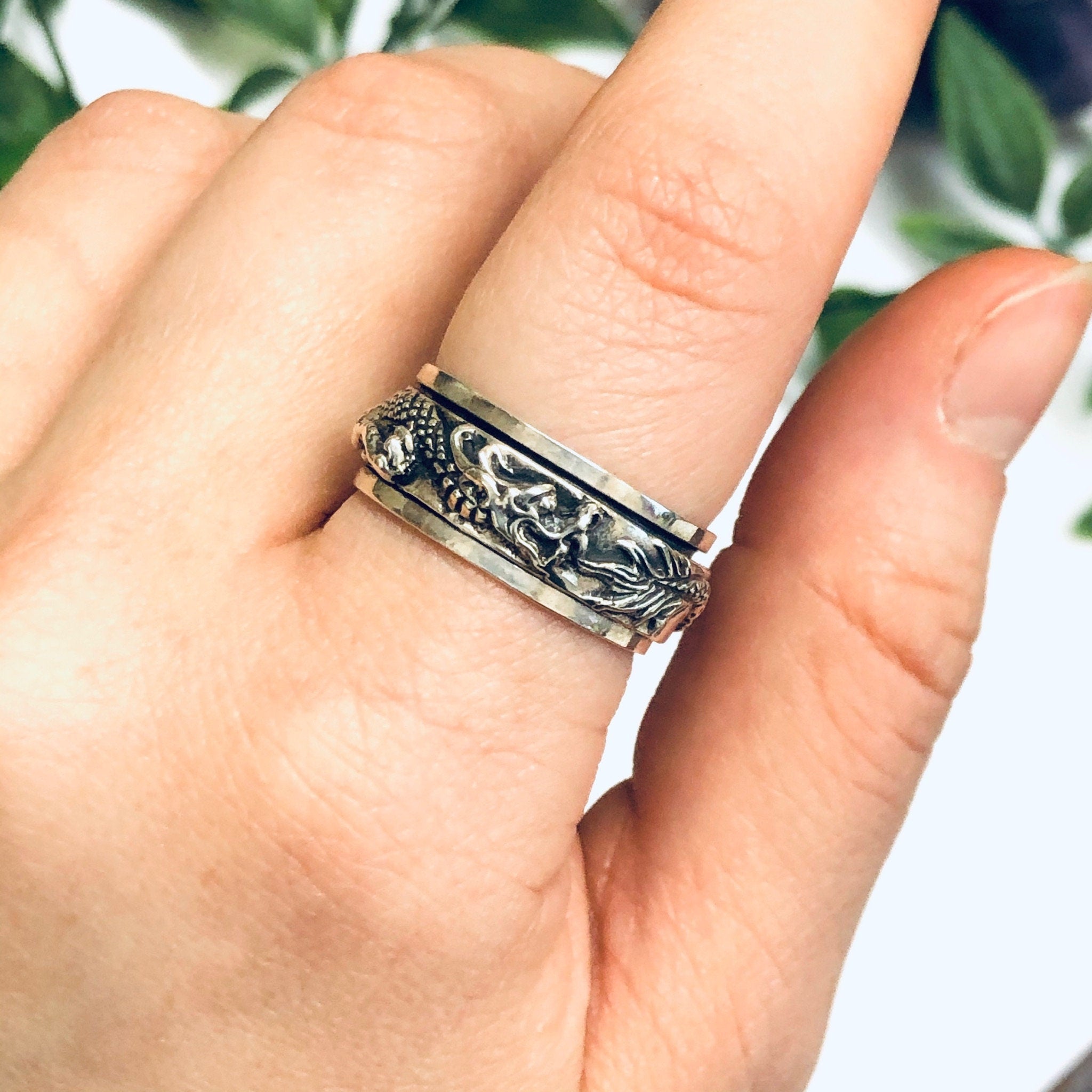 Vintage Silver Spinner Ring, Dragon Spinner Ring, Dragon Jewelry, Meditation Ring, Thin Band Ring