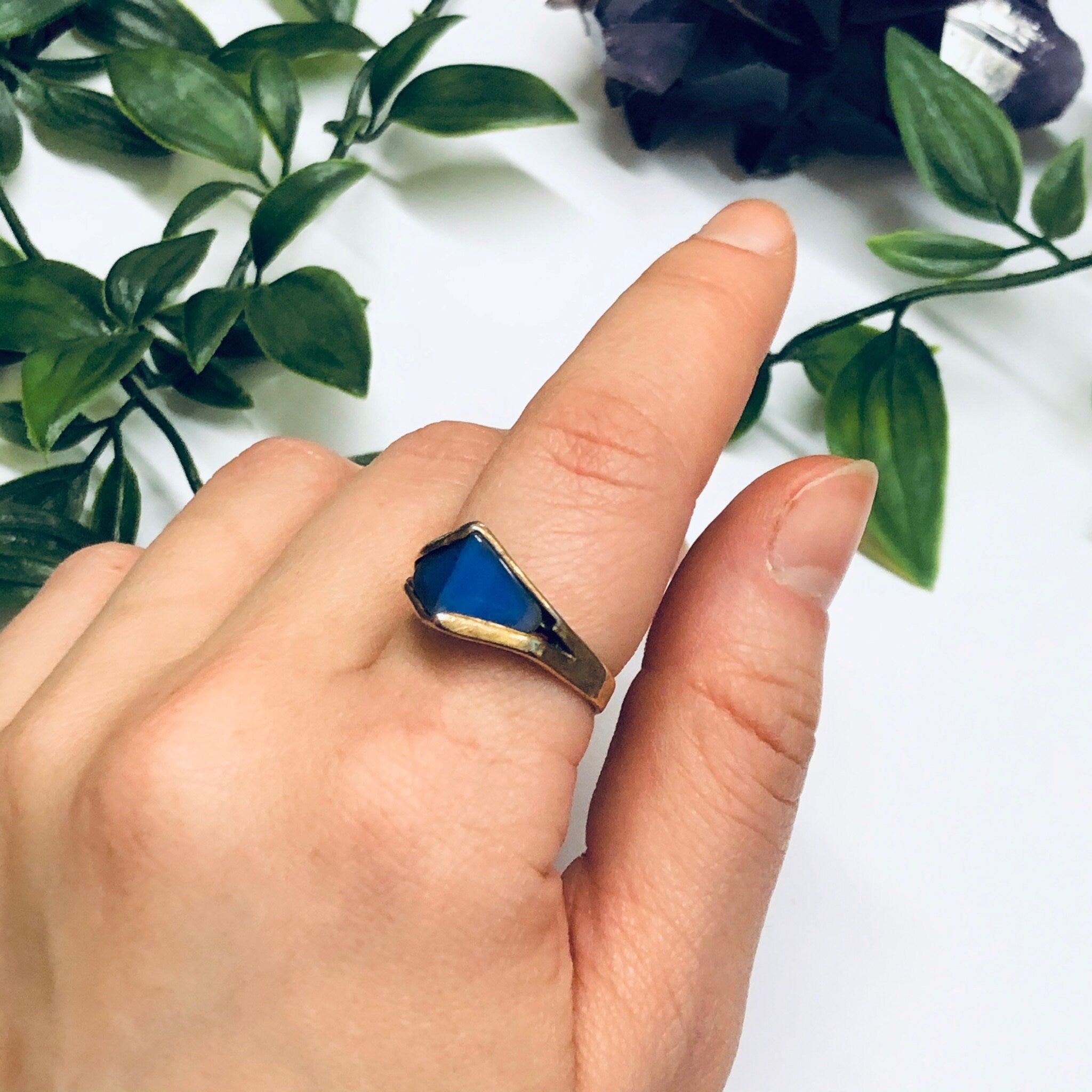 Vintage Gold Toned Ring with Purple Stone, Gold Filled Ring, Unique Jewelry, Statement Ring, Blue Stone Ring