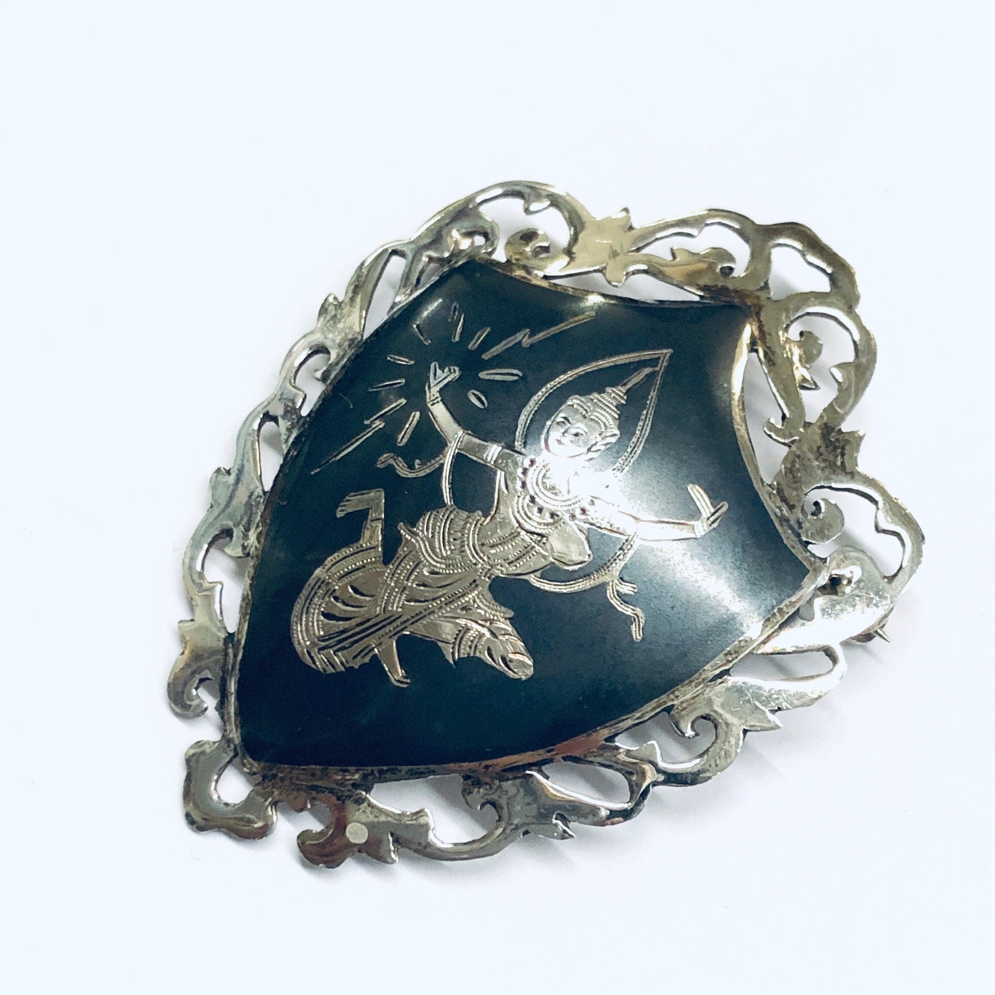 Signed Amfarco Siam Sterling Brooch, Siam Sterling Jewelry, Goddess Brooch, Mekkala Pin, Goddess of Lightening, Silver Pin