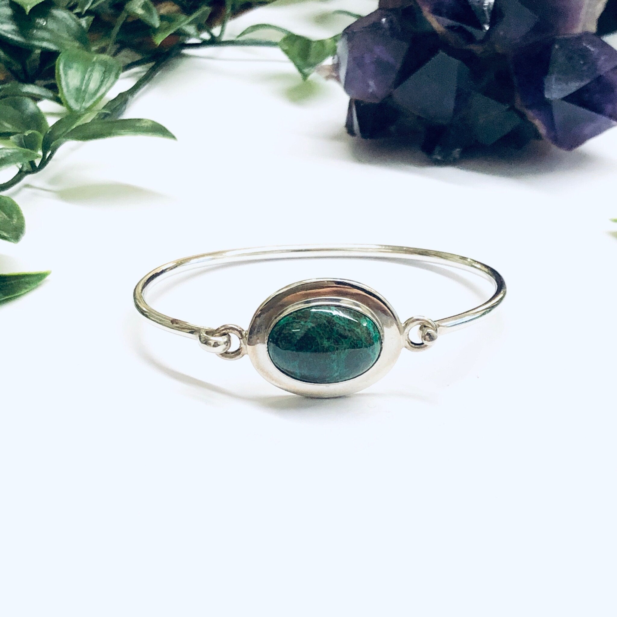 Vintage Silver Bangle Bracelet with Turquoise Stone, Green turquoise Bracelet, Unique Jewelry, Minimalist Style Bracelet