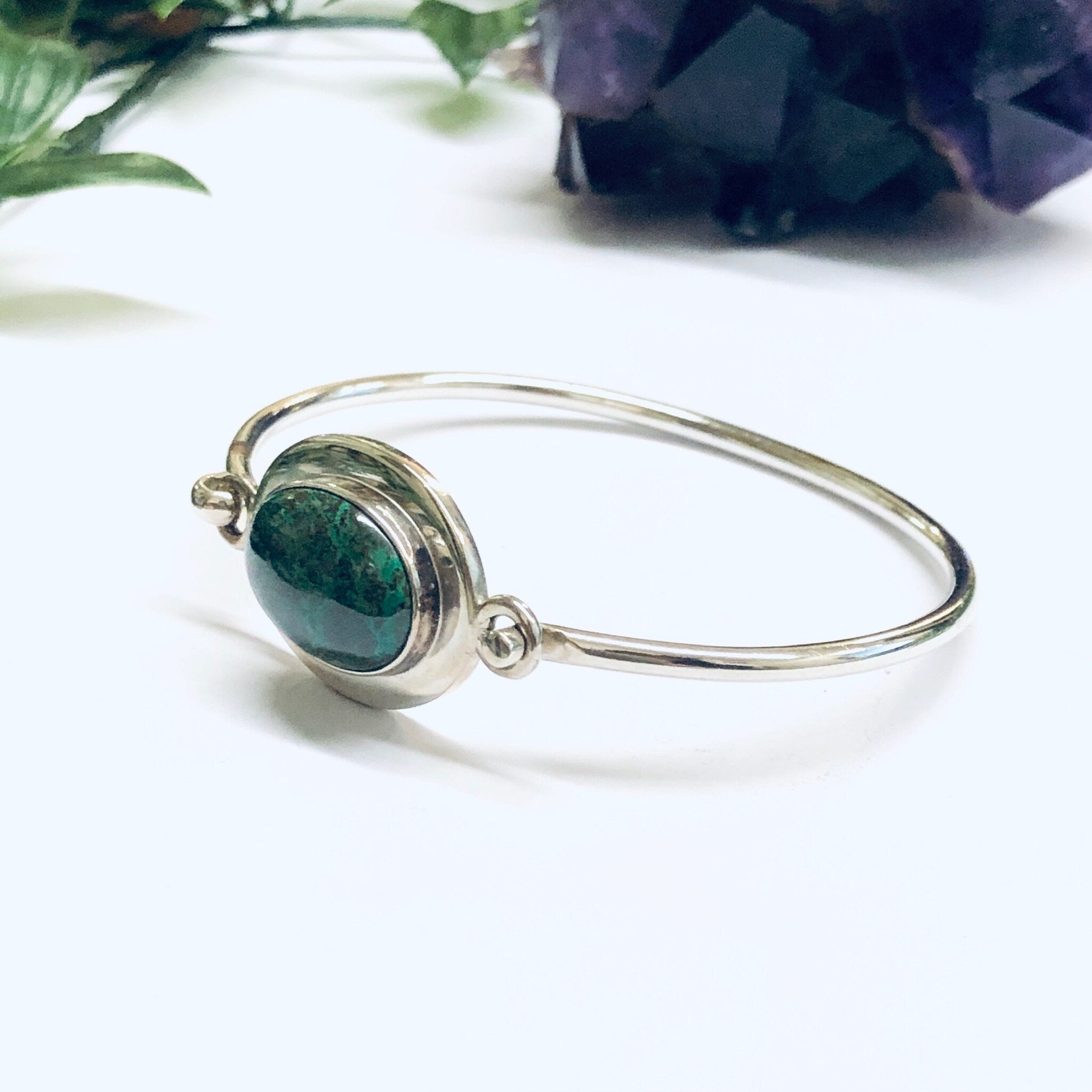 Vintage Silver Bangle Bracelet with Turquoise Stone, Green turquoise Bracelet, Unique Jewelry, Minimalist Style Bracelet