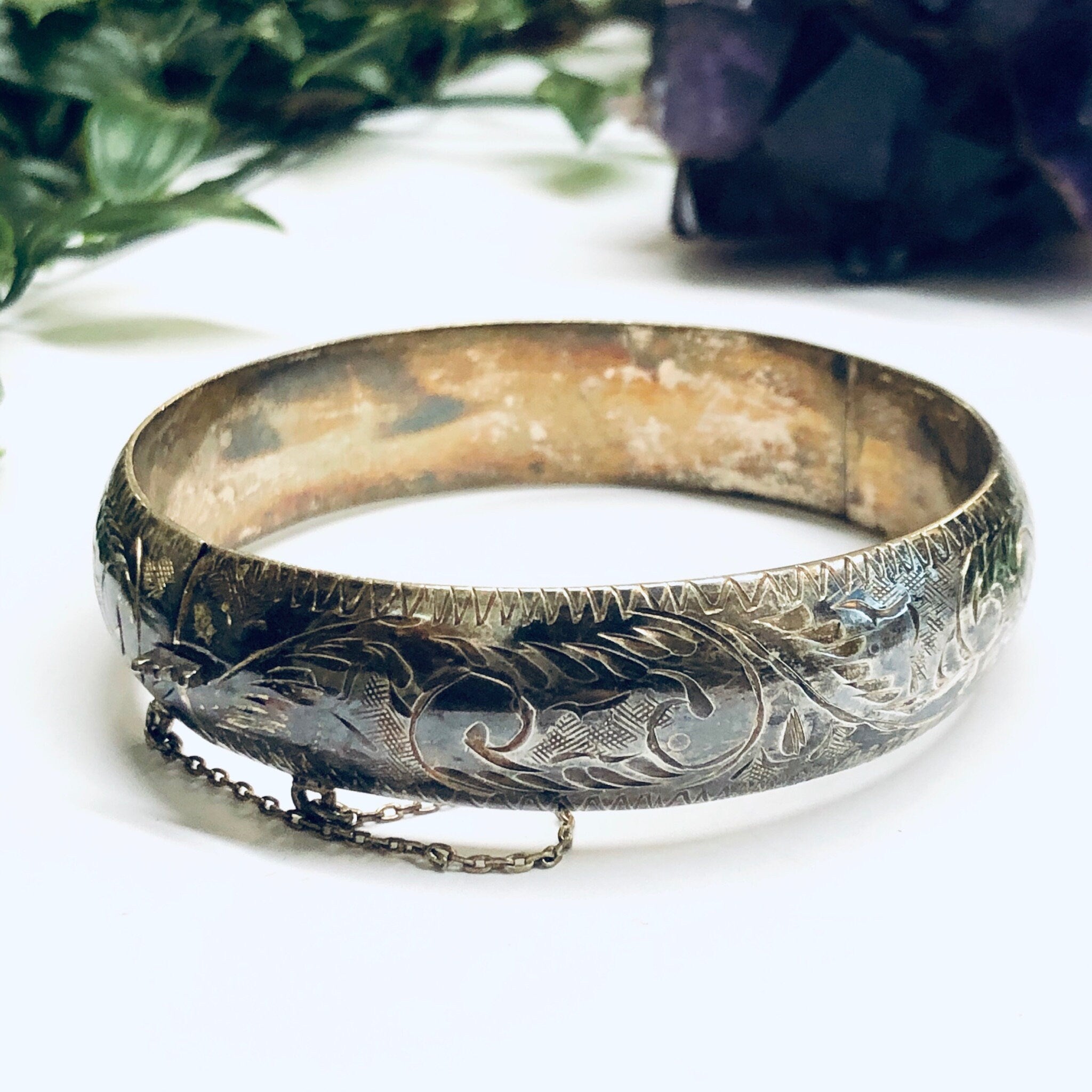 Vintage Etched Silver Bangle, Etched Bracelet, Vintage Bracelet, Vintage Bangle, Swirl Etching Bracelet