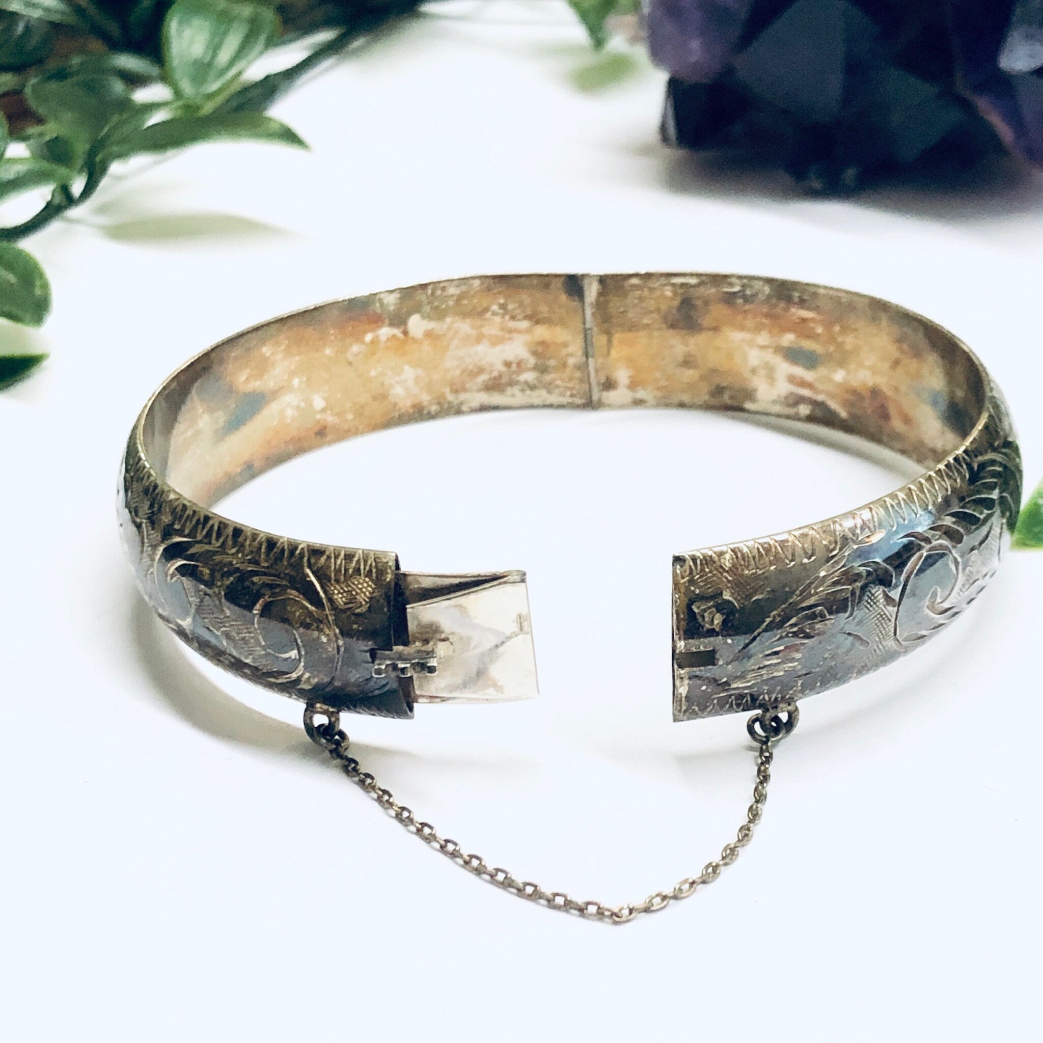 Vintage Etched Silver Bangle, Etched Bracelet, Vintage Bracelet, Vintage Bangle, Swirl Etching Bracelet