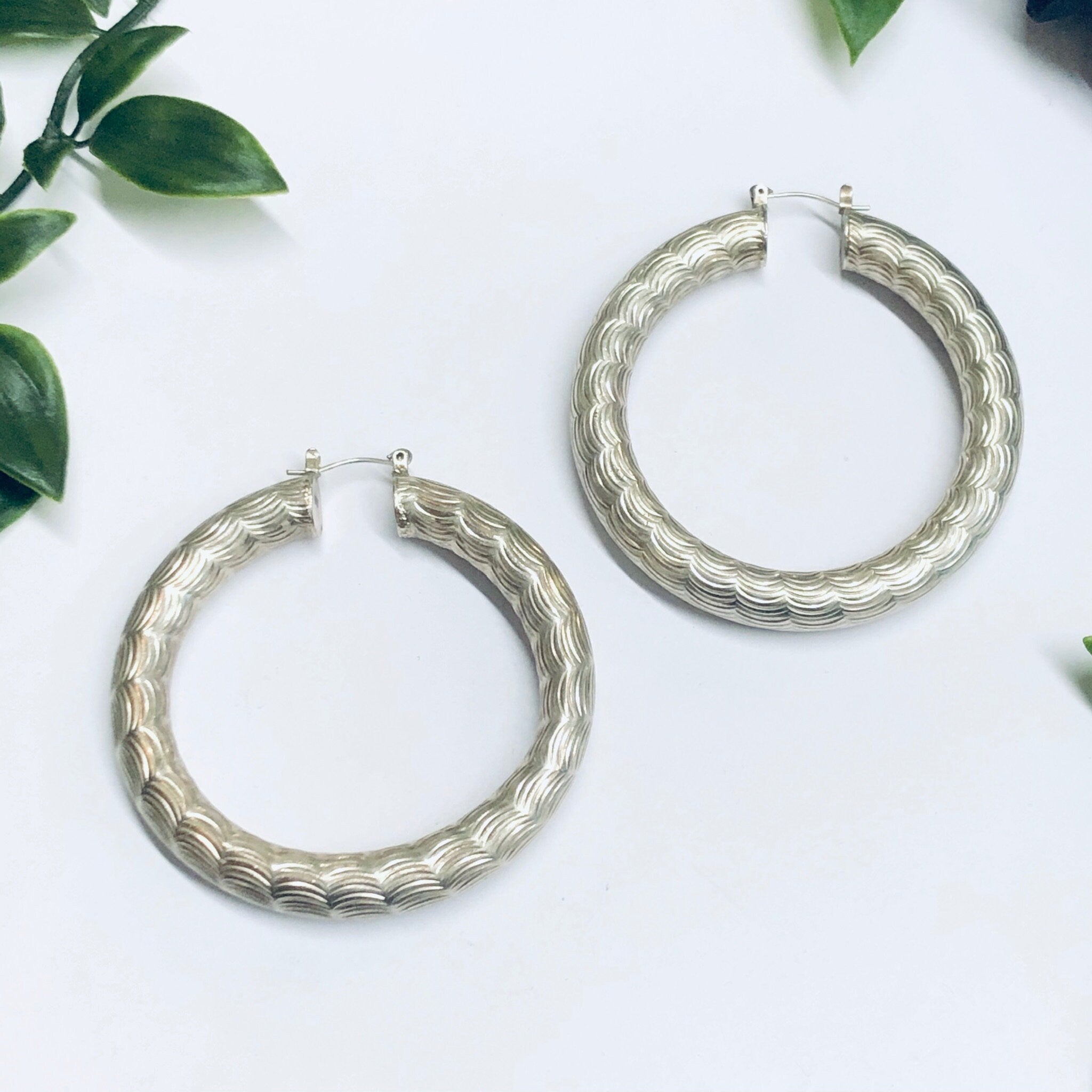 Vintage Silver Hoop Earrings, Textured Silver Hoops, Thick Hoop Earrings, Earrings for Pierced Ears