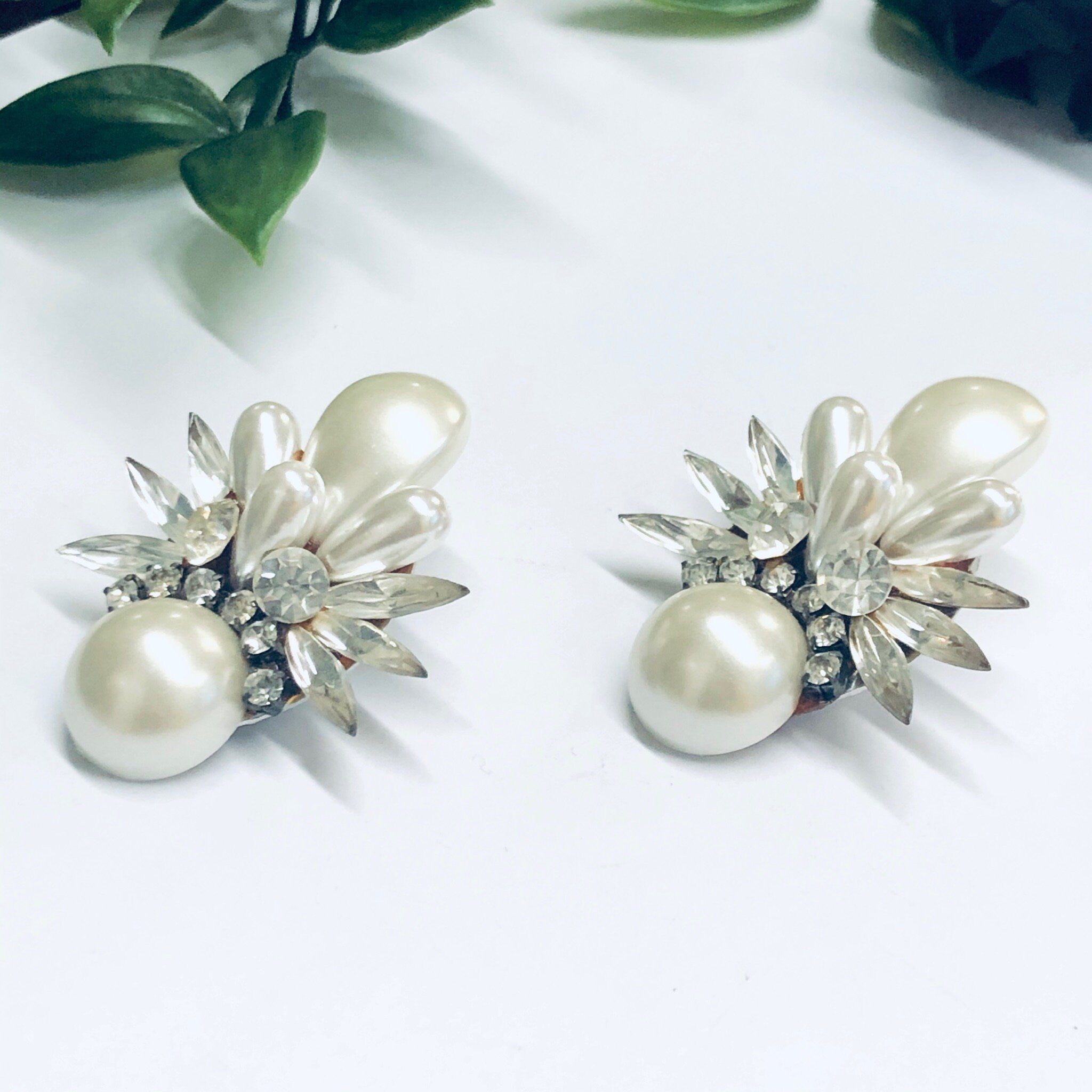 Vintage Clip On Pearl Earrings, Faux Pearl Earrings, Vintage Costume Jewelry, Rhinestone Clip On Earrings, Rhinestone and Pearl Earrings