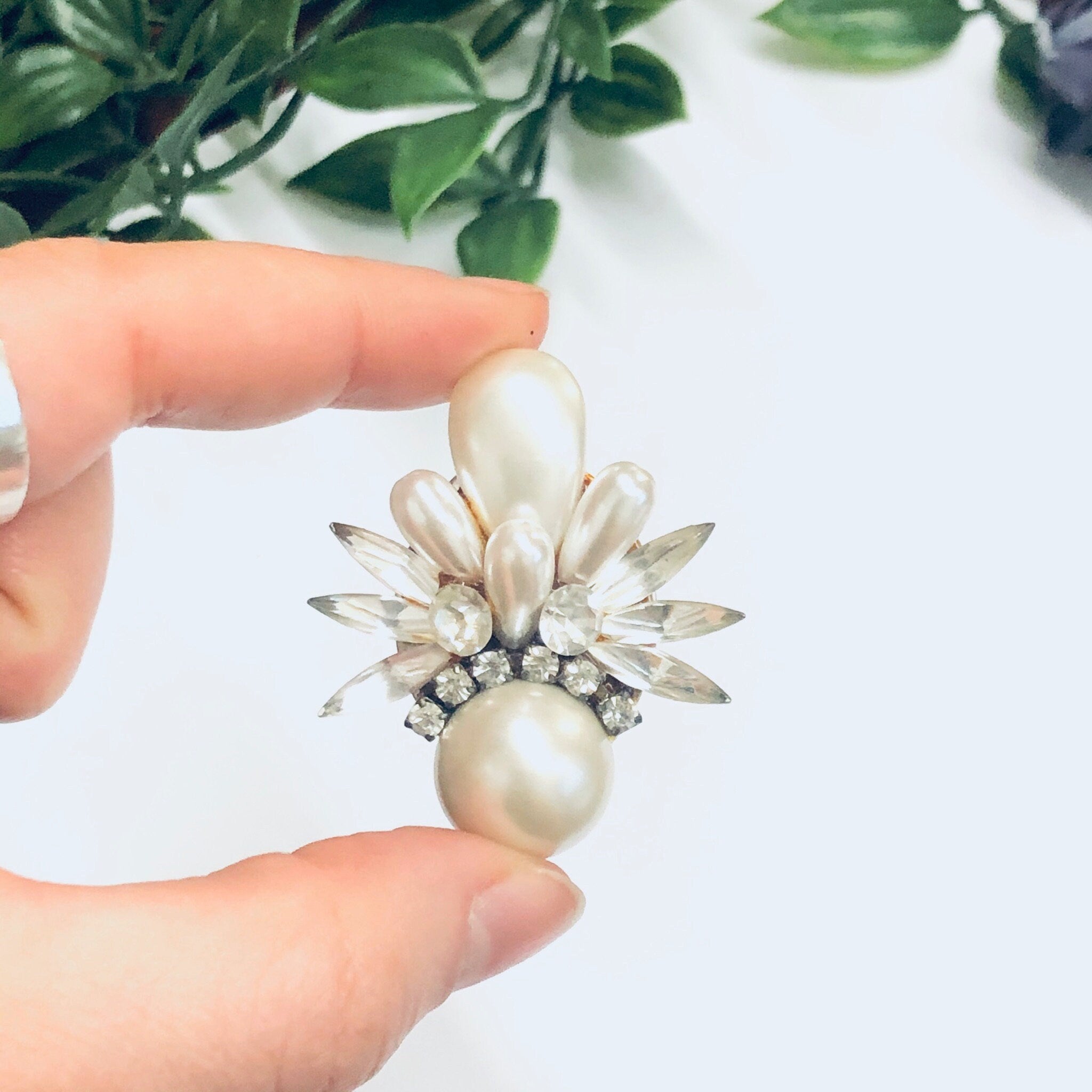 Vintage Clip On Pearl Earrings, Faux Pearl Earrings, Vintage Costume Jewelry, Rhinestone Clip On Earrings, Rhinestone and Pearl Earrings