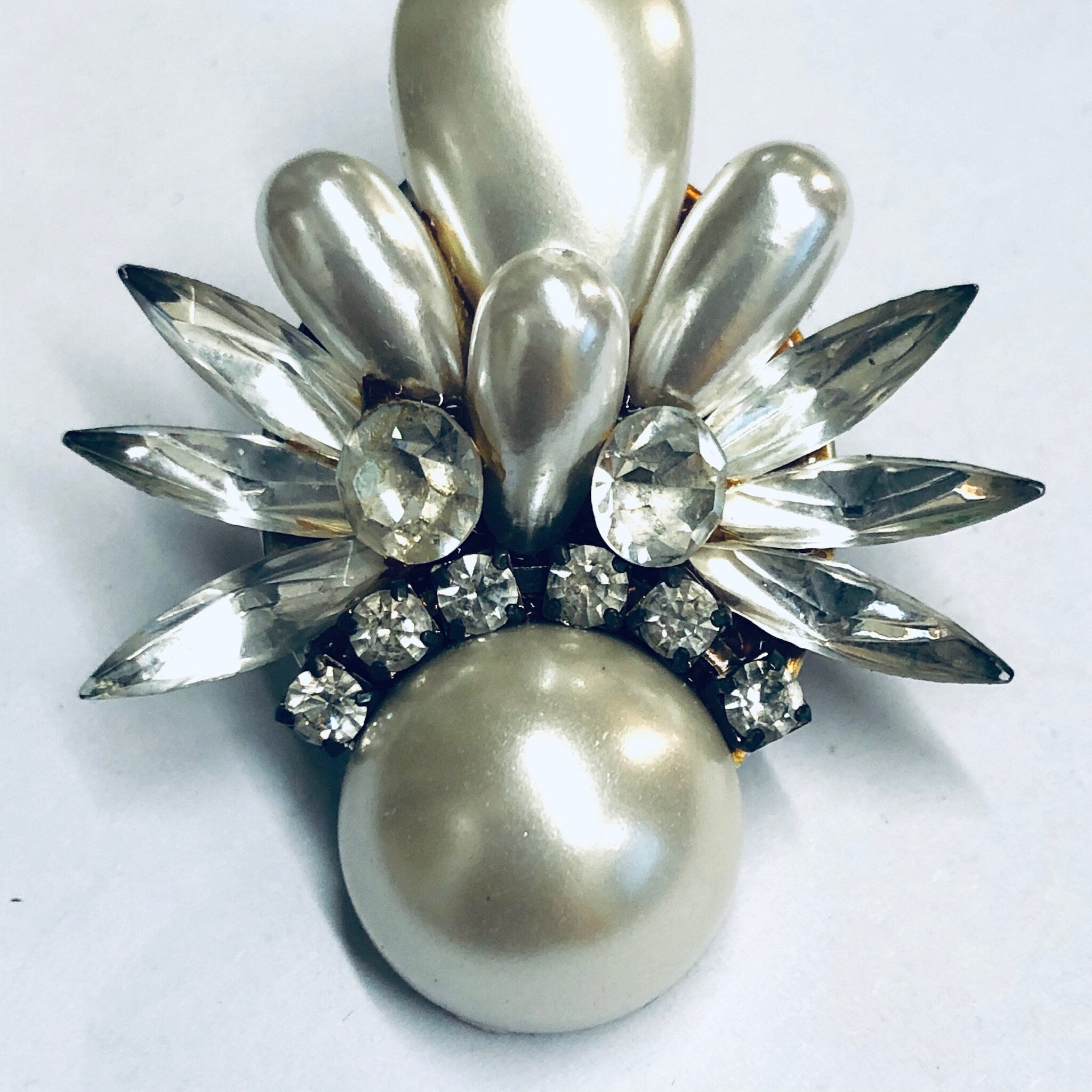 Vintage Clip On Pearl Earrings, Faux Pearl Earrings, Vintage Costume Jewelry, Rhinestone Clip On Earrings, Rhinestone and Pearl Earrings