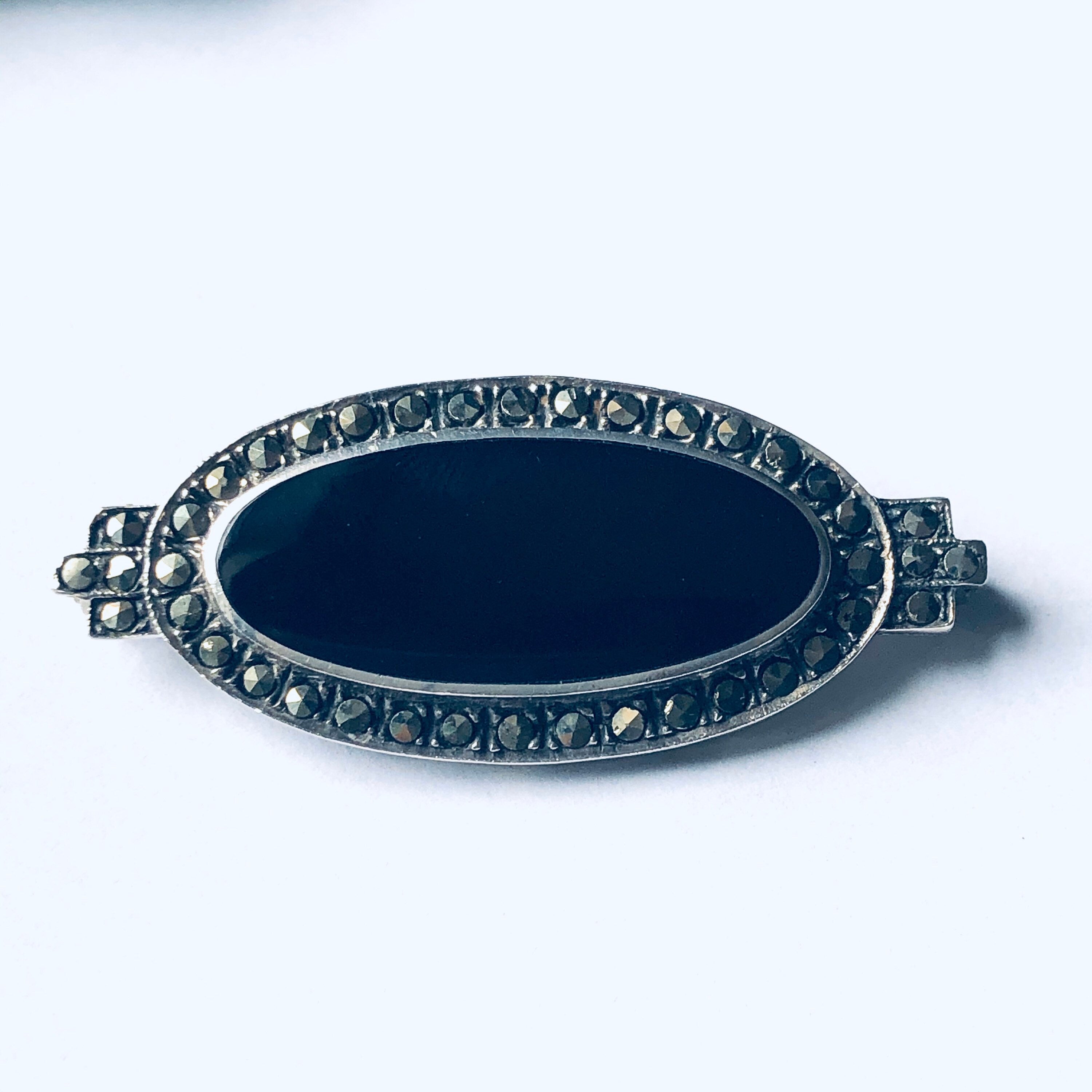 Vintage Silver and Onyx Brooch with Marcasite Stones, Silver Marcasite Pin, Black Onyx Jewelry Marcasite and Onyx Pin