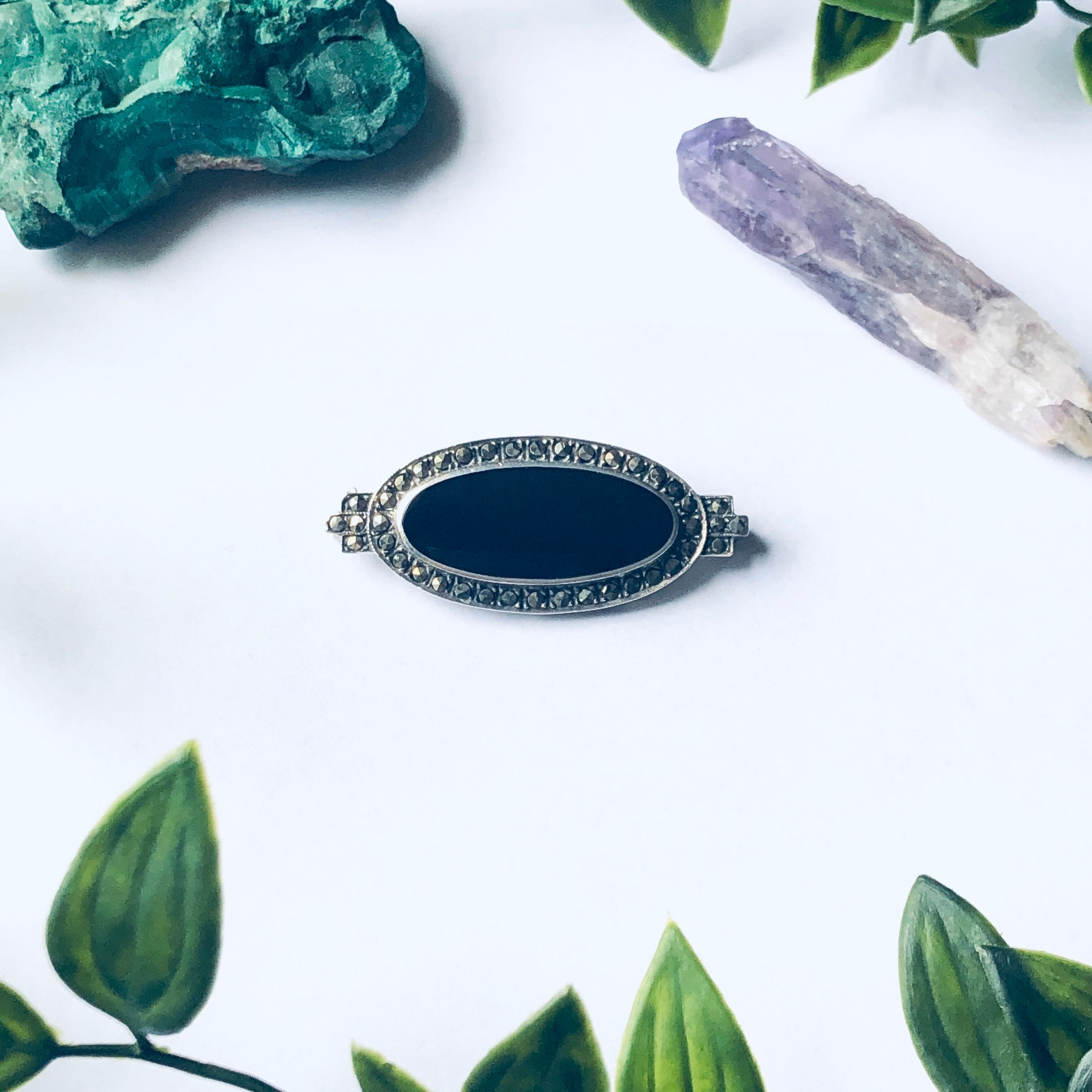 Vintage Silver and Onyx Brooch with Marcasite Stones, Silver Marcasite Pin, Black Onyx Jewelry Marcasite and Onyx Pin