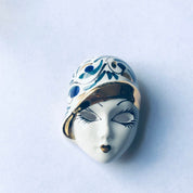 Vintage Ceramic Face Brooch, Lady Face Pin, Painted Ceramic Mask Brooch, Swirl Design Brooch, Flapper Brooch, Blue, Green, Gold