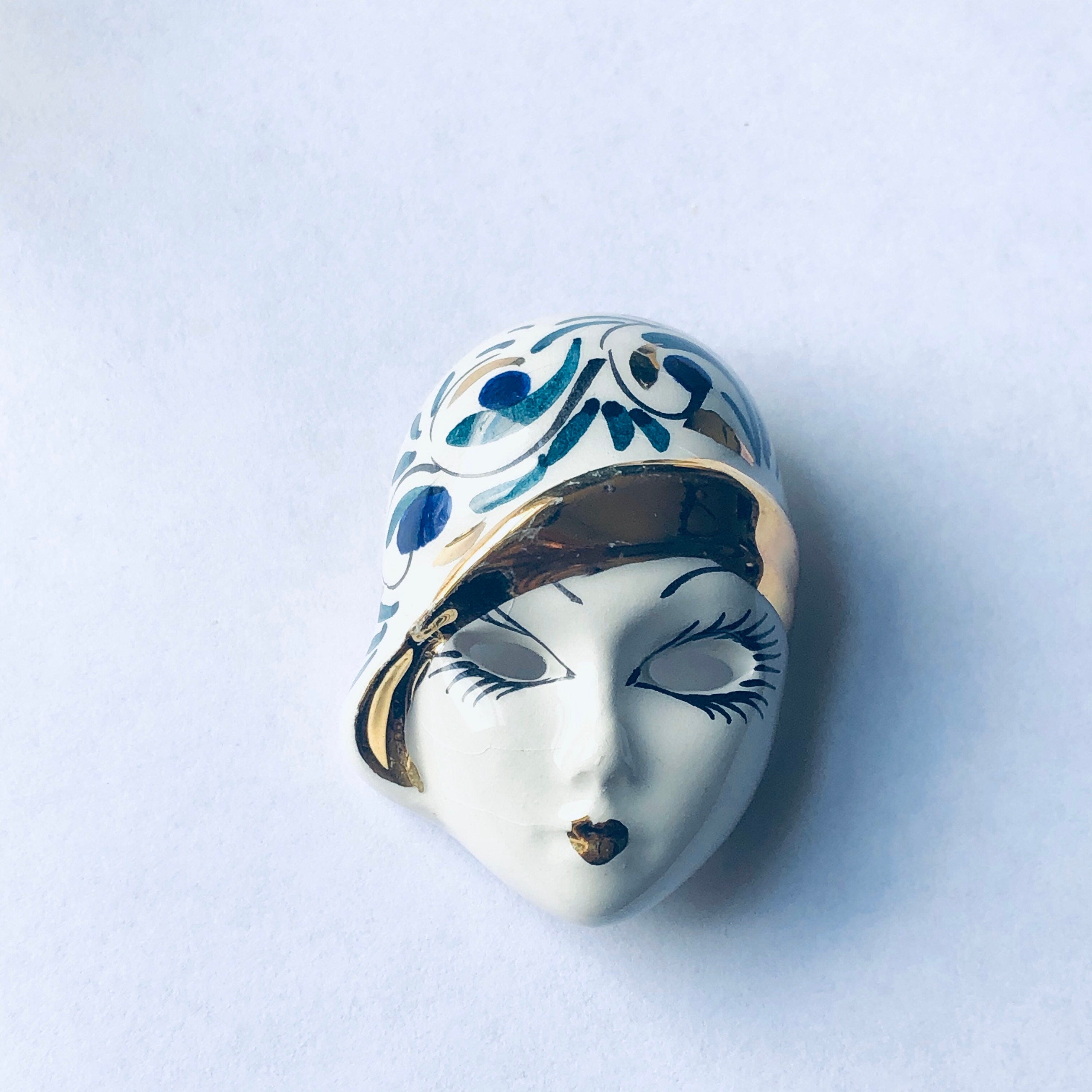 Vintage Ceramic Face Brooch, Lady Face Pin, Painted Ceramic Mask Brooch, Swirl Design Brooch, Flapper Brooch, Blue, Green, Gold