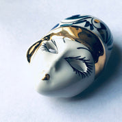 Vintage Ceramic Face Brooch, Lady Face Pin, Painted Ceramic Mask Brooch, Swirl Design Brooch, Flapper Brooch, Blue, Green, Gold