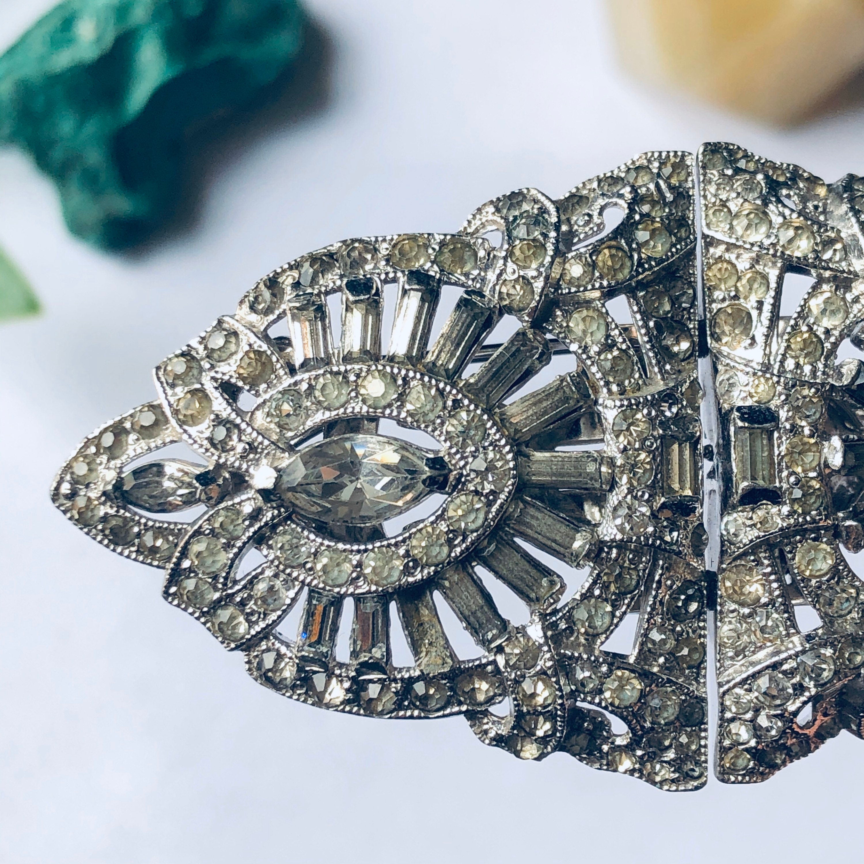 Vintage Rhinestone Brooch, Rhinestone Sweater Clips, Art Deco Jewelry, Brooch and Clip Combo, Mothers Day Gift, Unique Brooch,
