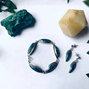 Vintage Silver Jewelry Set, Silver Bracelet, Silver Earrings, Inlaid Stones, Blue and Green Bracelet, Pierced Ears, Dangle Earrings