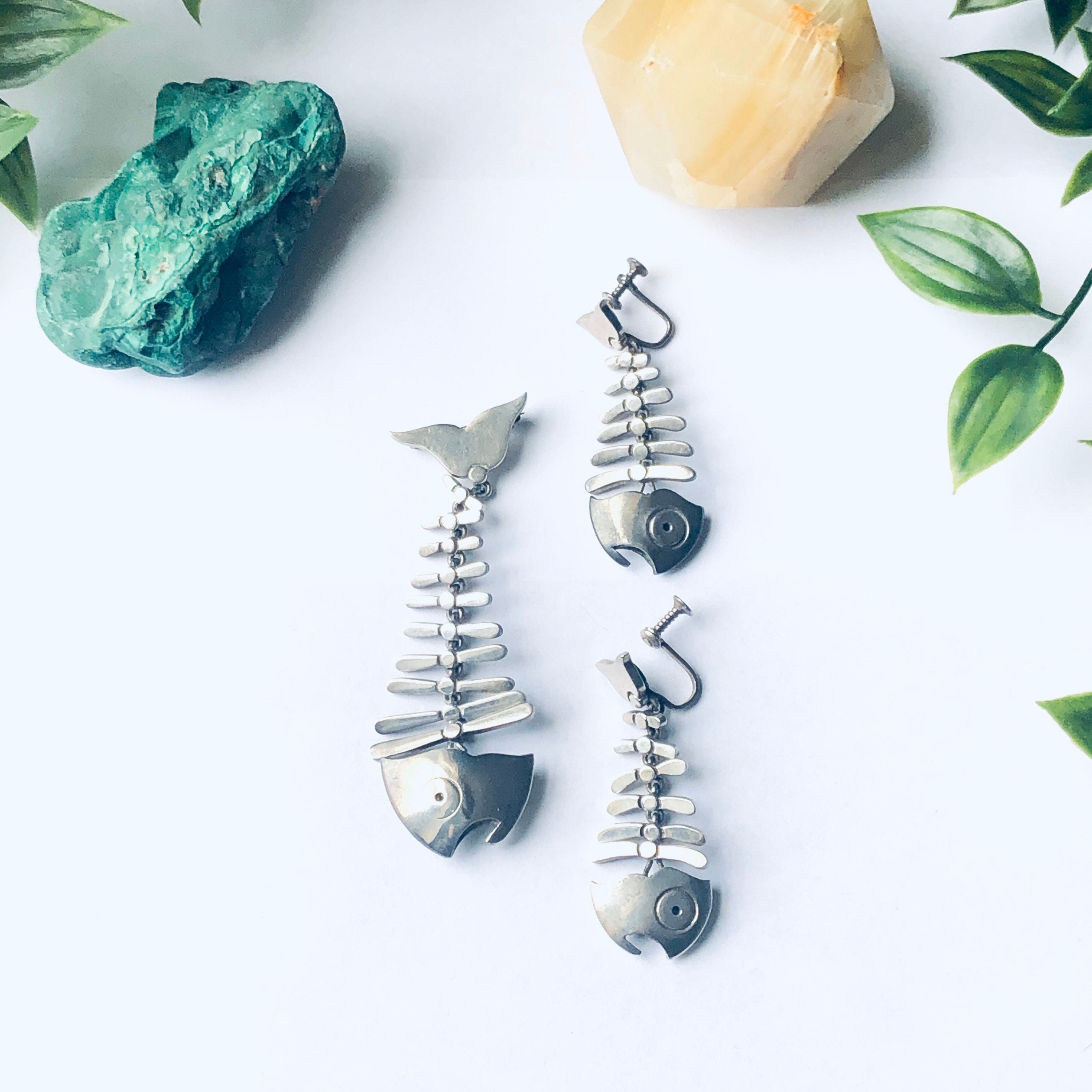 Vintage Antonio Pineda Fish Bone Design Brooch and Earrings, Taxco Modernist Designer Jewelry, Screw Back Fish Earrings, Fish Bone Brooch