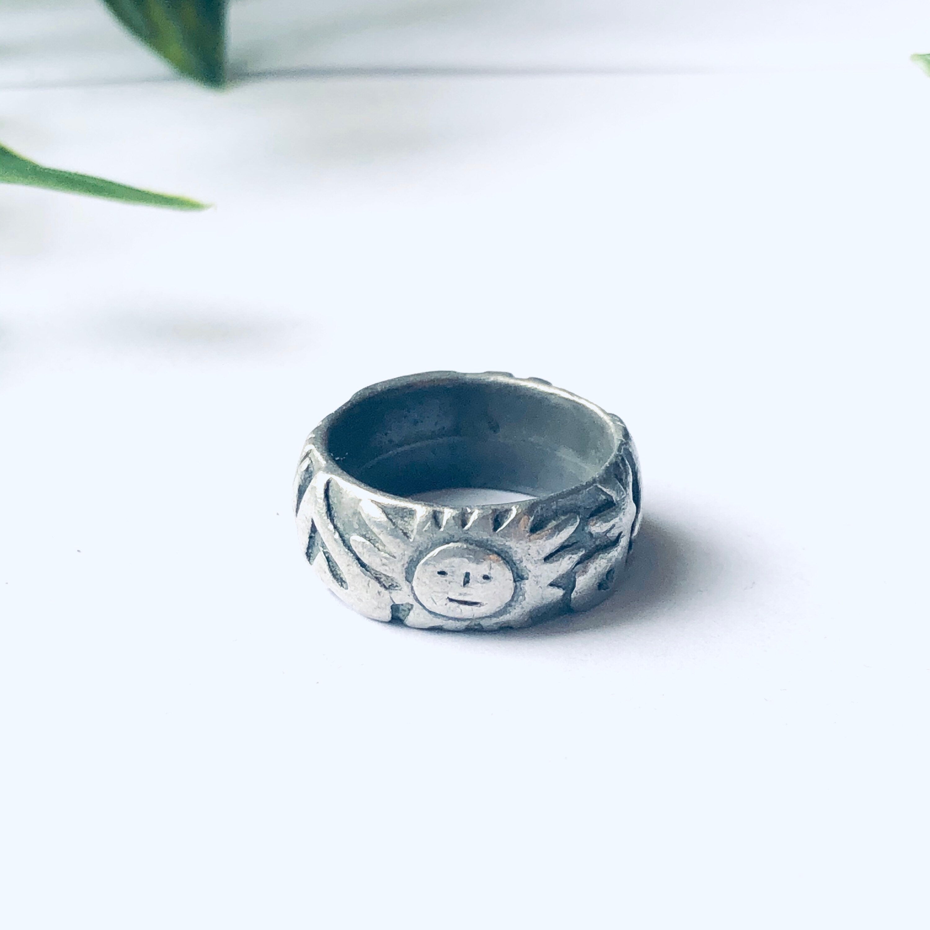 Vintage Pewter Ring with Sun Face, Heart Ring, Flower Ring, Thick Band Ring, Pewter Jewelry, Vintage Jewelry, Floral Design Ring