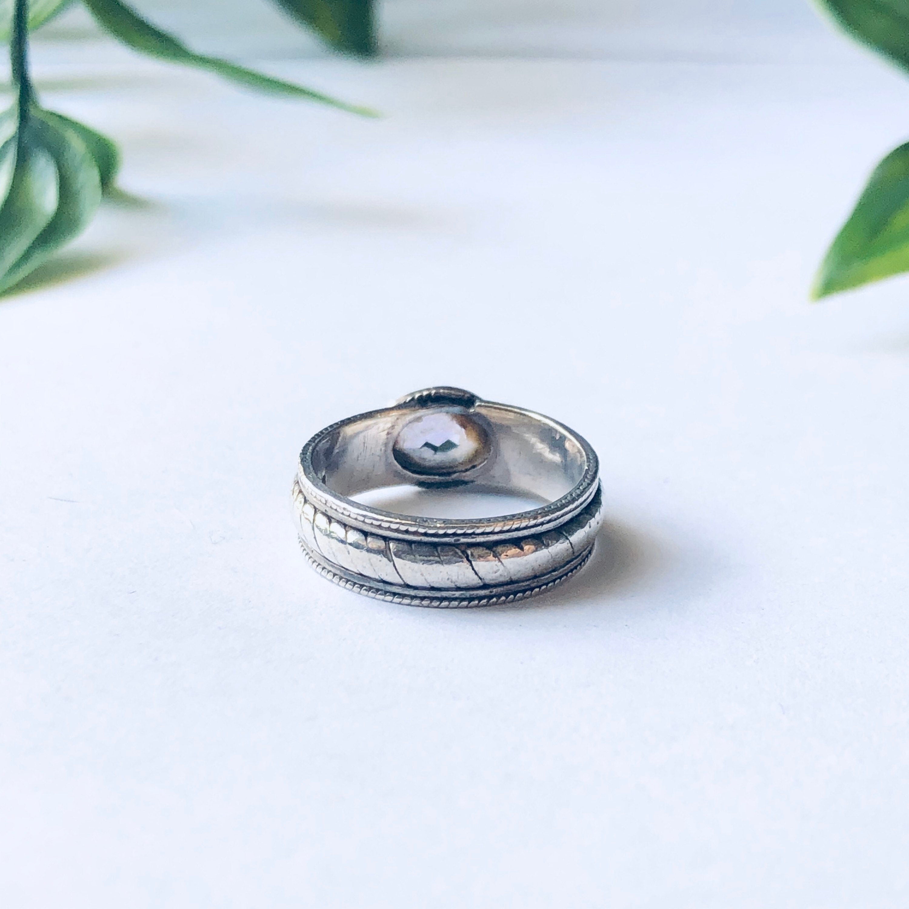 Vintage Silver Band Ring with Light Pink Gemstone, Pale Pink Gemstone Ring, Thin Band Ring, Pink and Silver Ring
