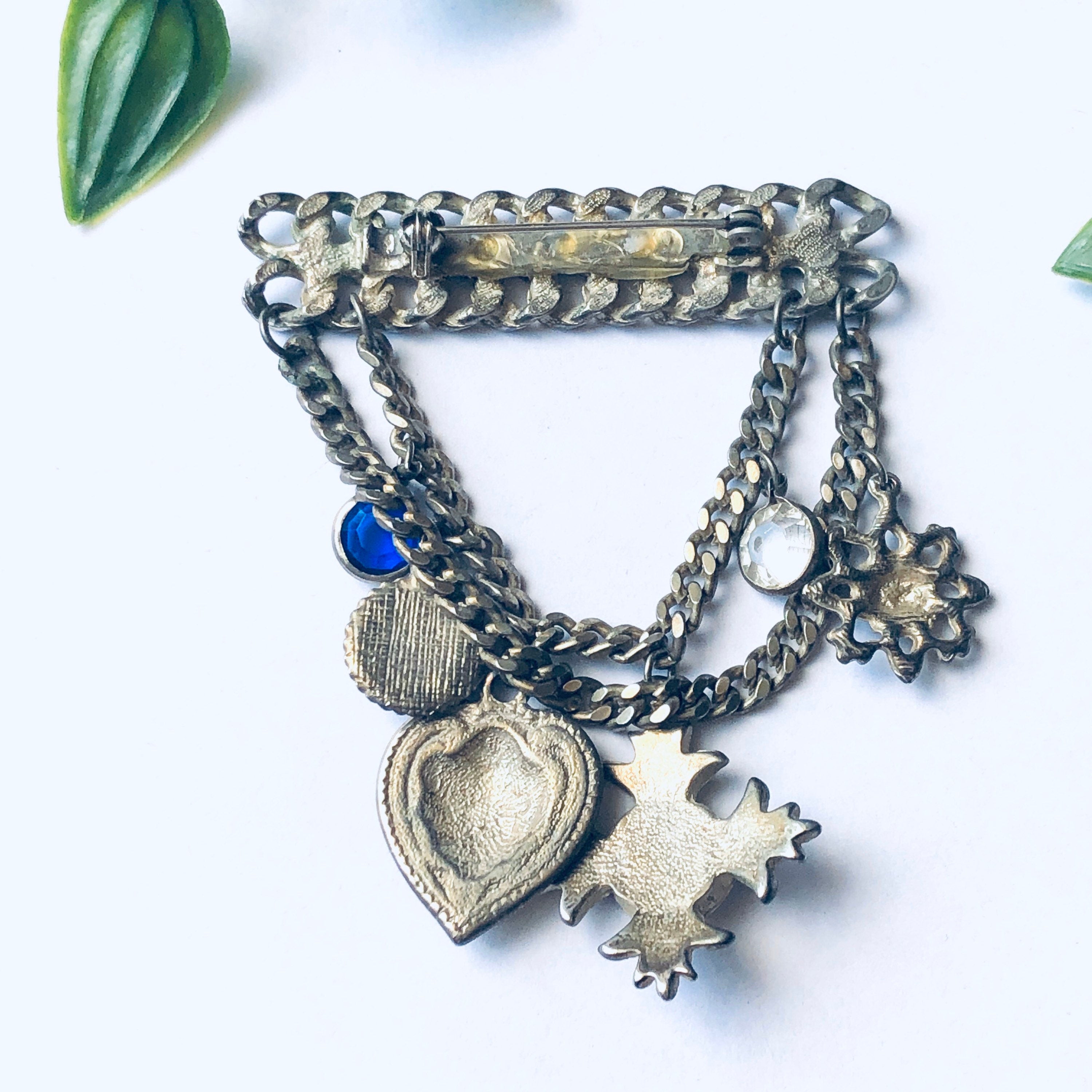 Vintage Layered Brooch, Layered Dangle Brooch, Unique Vintage Brooch, Vintage Costume Jewelry, Blue Gemstone Broocg, Heart Pin