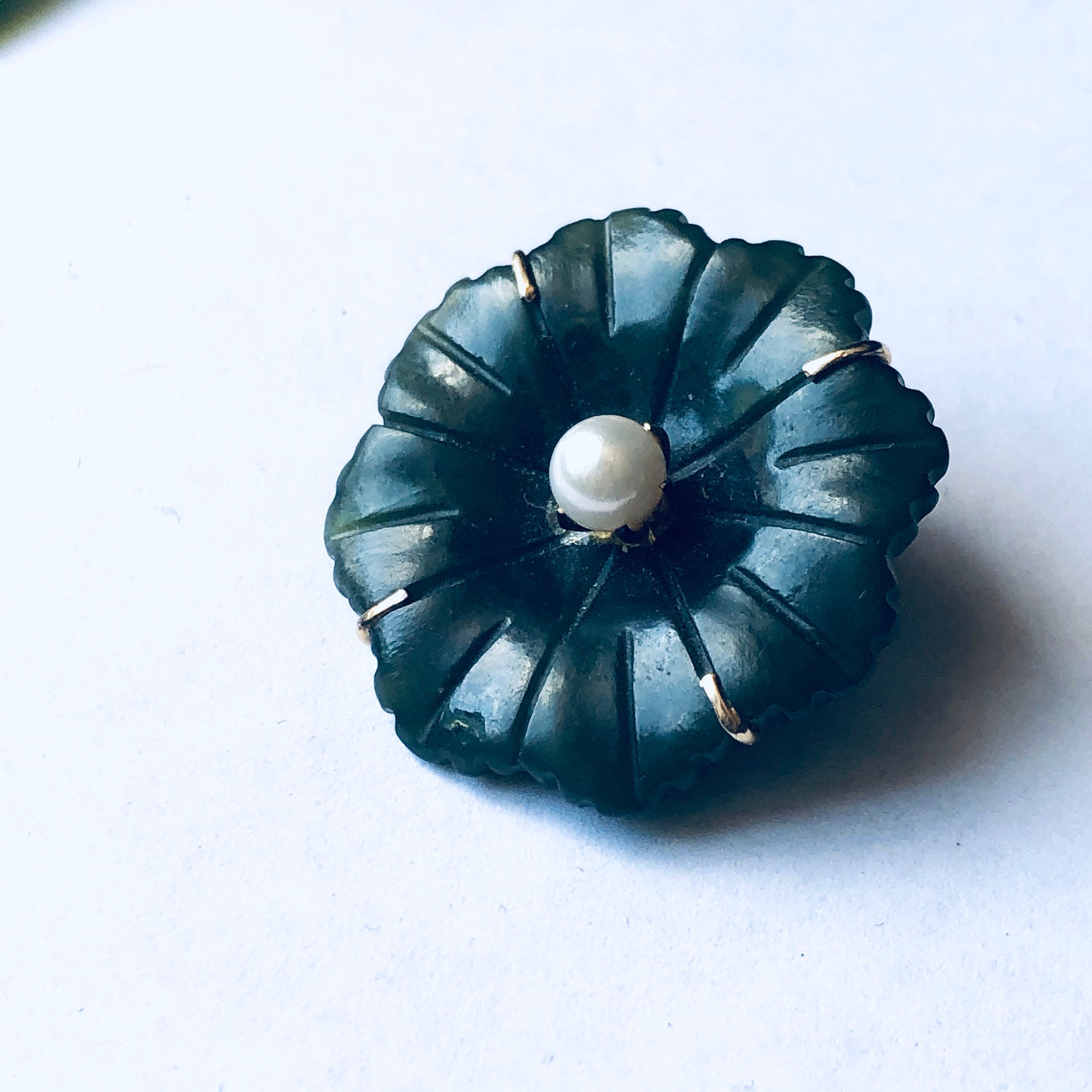 Vintage Gold Toned Flower Brooch, Green Flower Brooch, Floral Pin, Faux Pearl Pin, Vintage Flower Pendant, Green Flower Pendant
