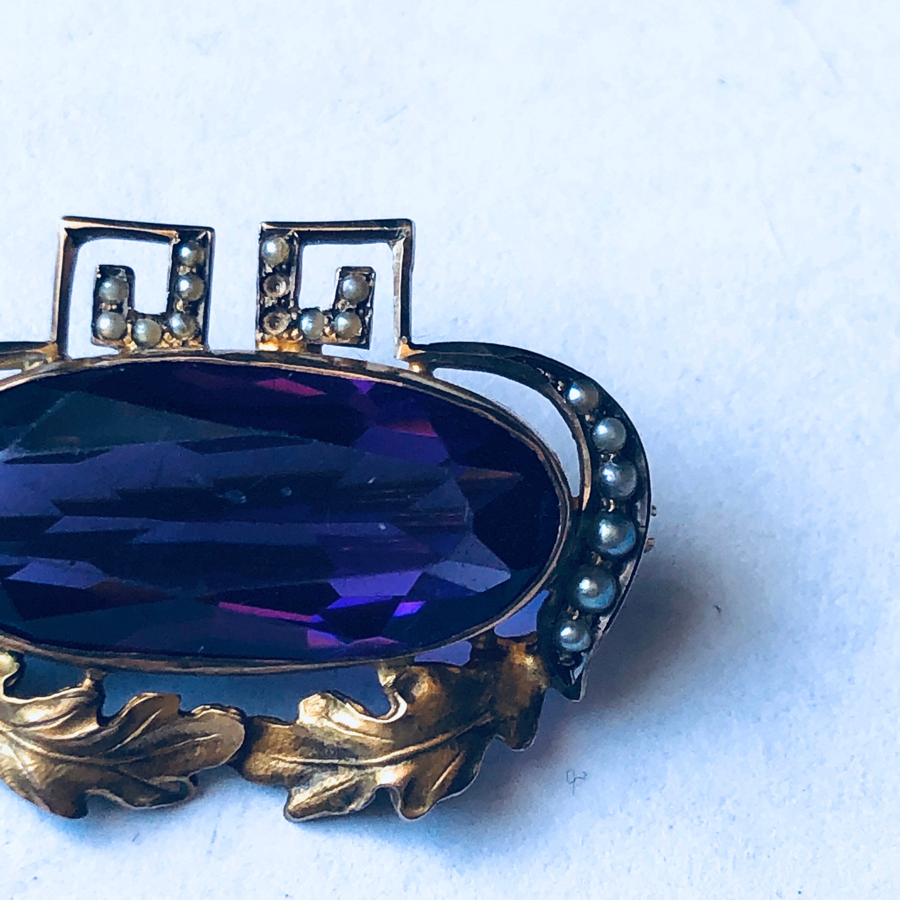 Vintage 10K Gold Brooch, Purple and Gold Pin, 10K Yellow Gold Brooch, Vintage Gold Pin, Purple Gemstone Brooch, Pearl Pin