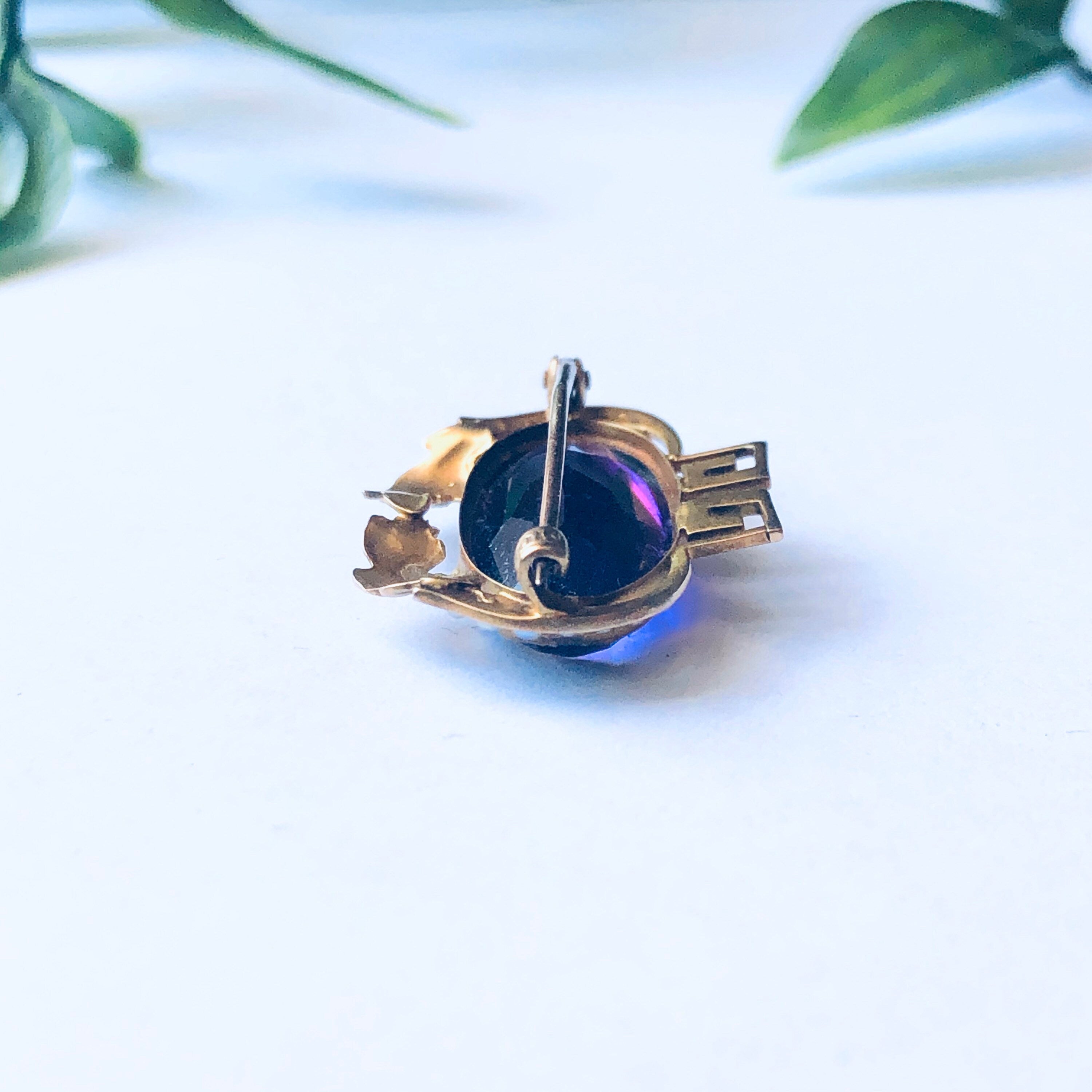 Vintage 10K Gold Brooch, Purple and Gold Pin, 10K Yellow Gold Brooch, Vintage Gold Pin, Purple Gemstone Brooch, Pearl Pin