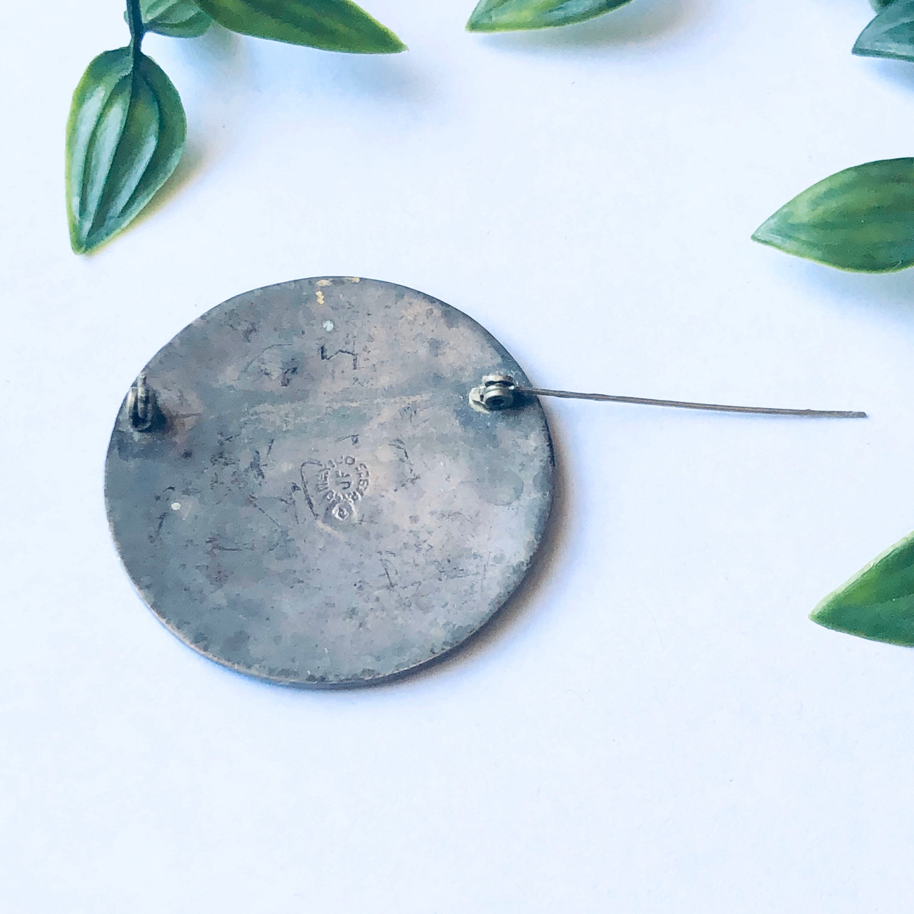 Large Vintage Silver Brooch, Silver and Blue Pin, Round Vintage Brooch, Blue Inlay Pin, Geometric Design Pin, Blue Gemstone Jewelry