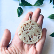 Large Vintage Jade Pedant, Asian Style Pendant, Vintage Jade Jewelry, Unique Carved Pendant, Round Jade Carved Pendant