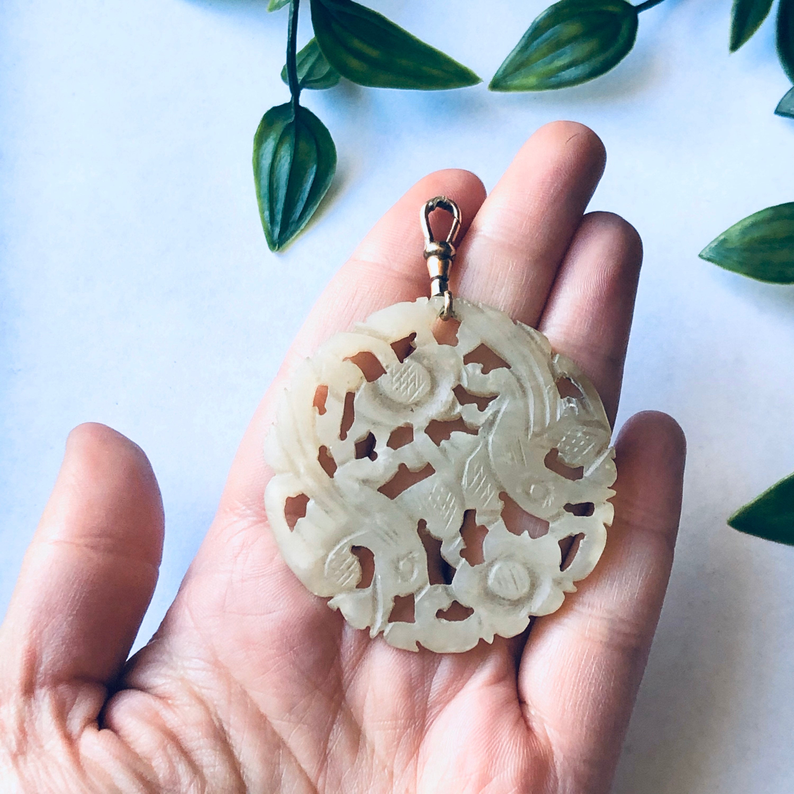 Large Vintage Jade Pedant, Asian Style Pendant, Vintage Jade Jewelry, Unique Carved Pendant, Round Jade Carved Pendant