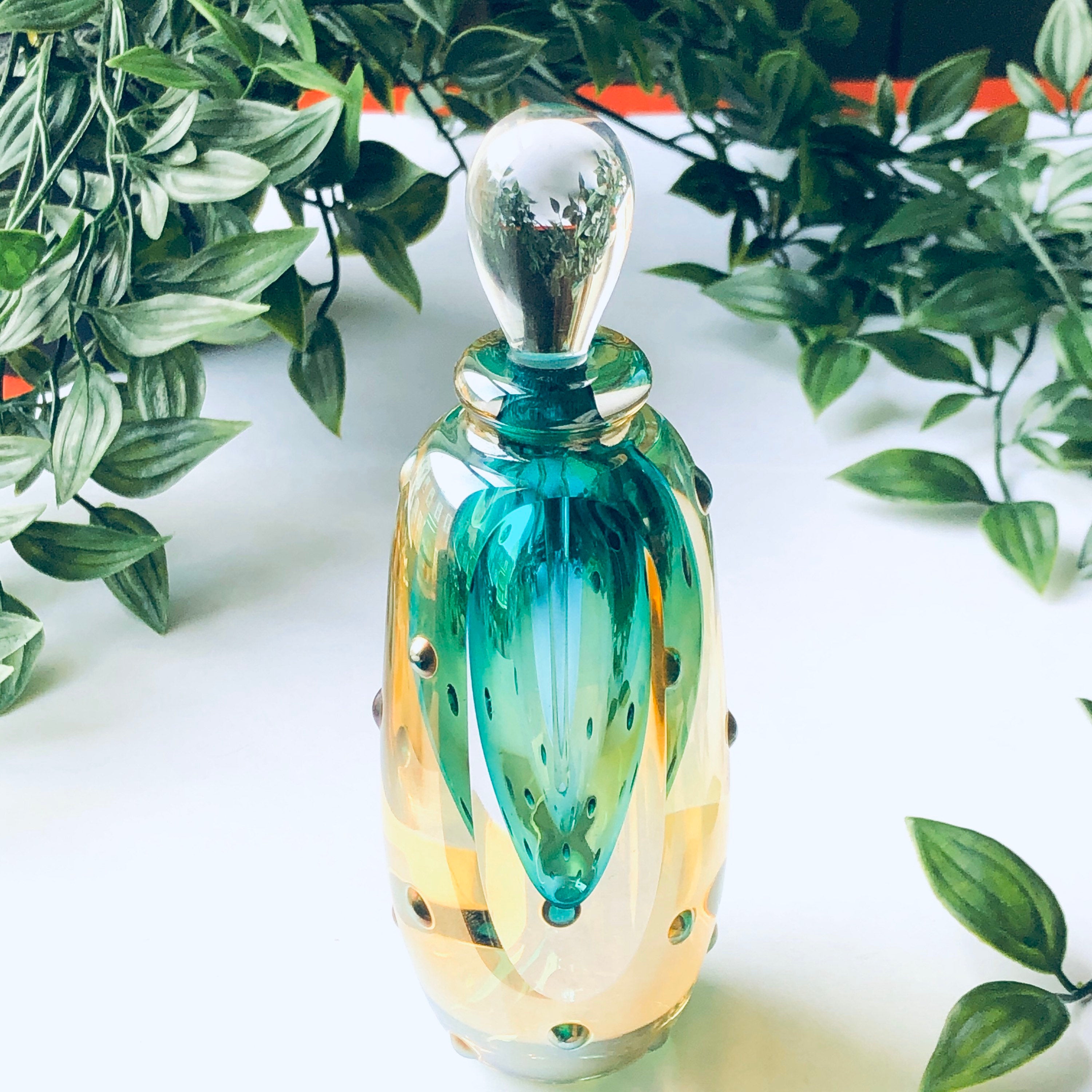 Vintage Glass Perfume Bottle, Unique Perfume Bottle, Vintage Glass Bottle, Vintage Perfume, Textured Glass, Green and Yellow Bottle