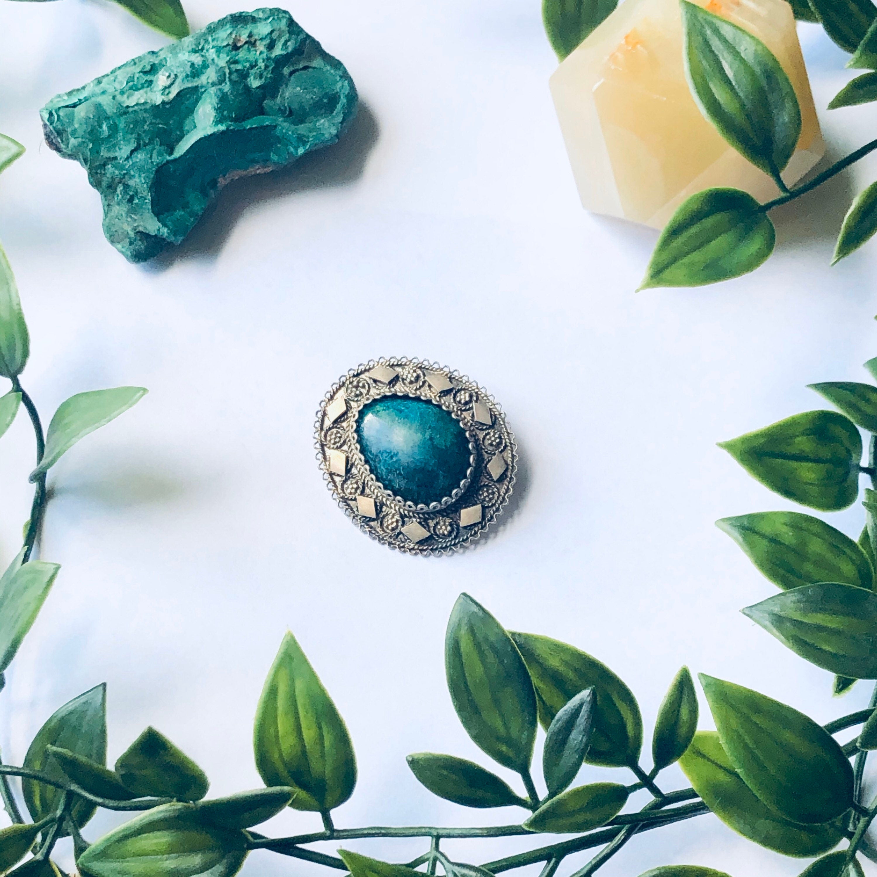 Vintage Silver Brooch and Pendant, Green Stone Pendant, flower Jewelry, Floral Design Pin, Mothers Day Gift