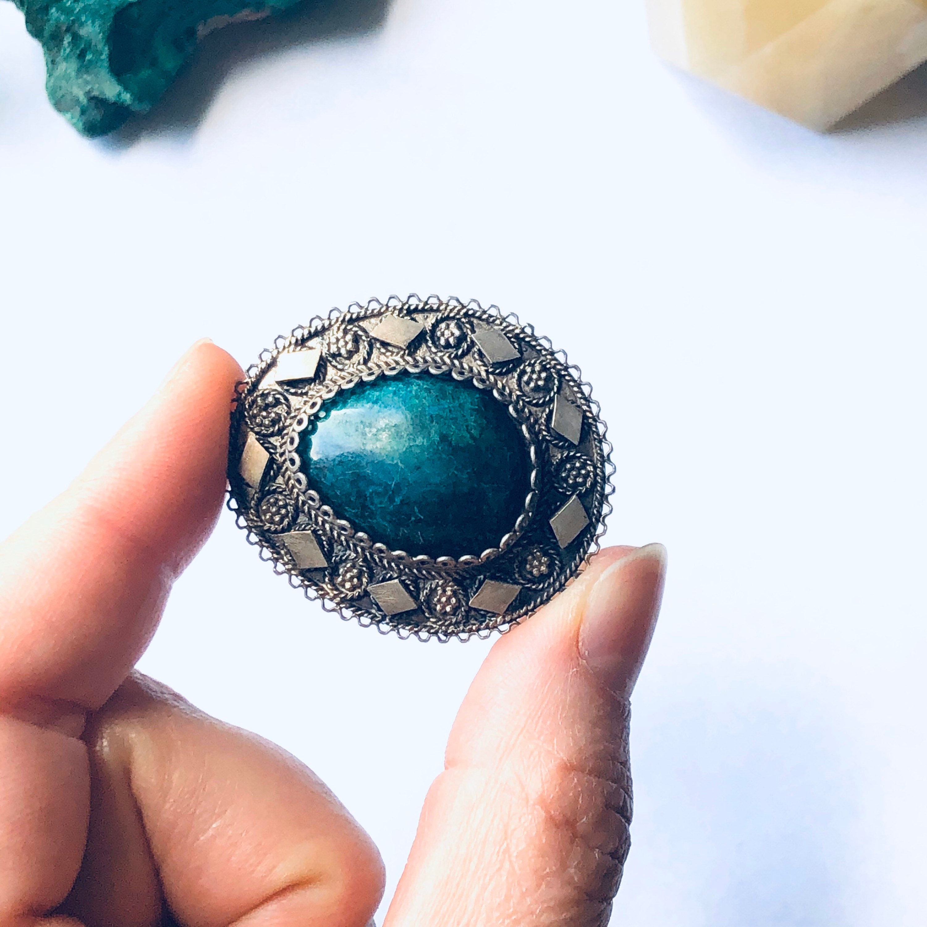 Vintage Silver Brooch and Pendant, Green Stone Pendant, flower Jewelry, Floral Design Pin, Mothers Day Gift